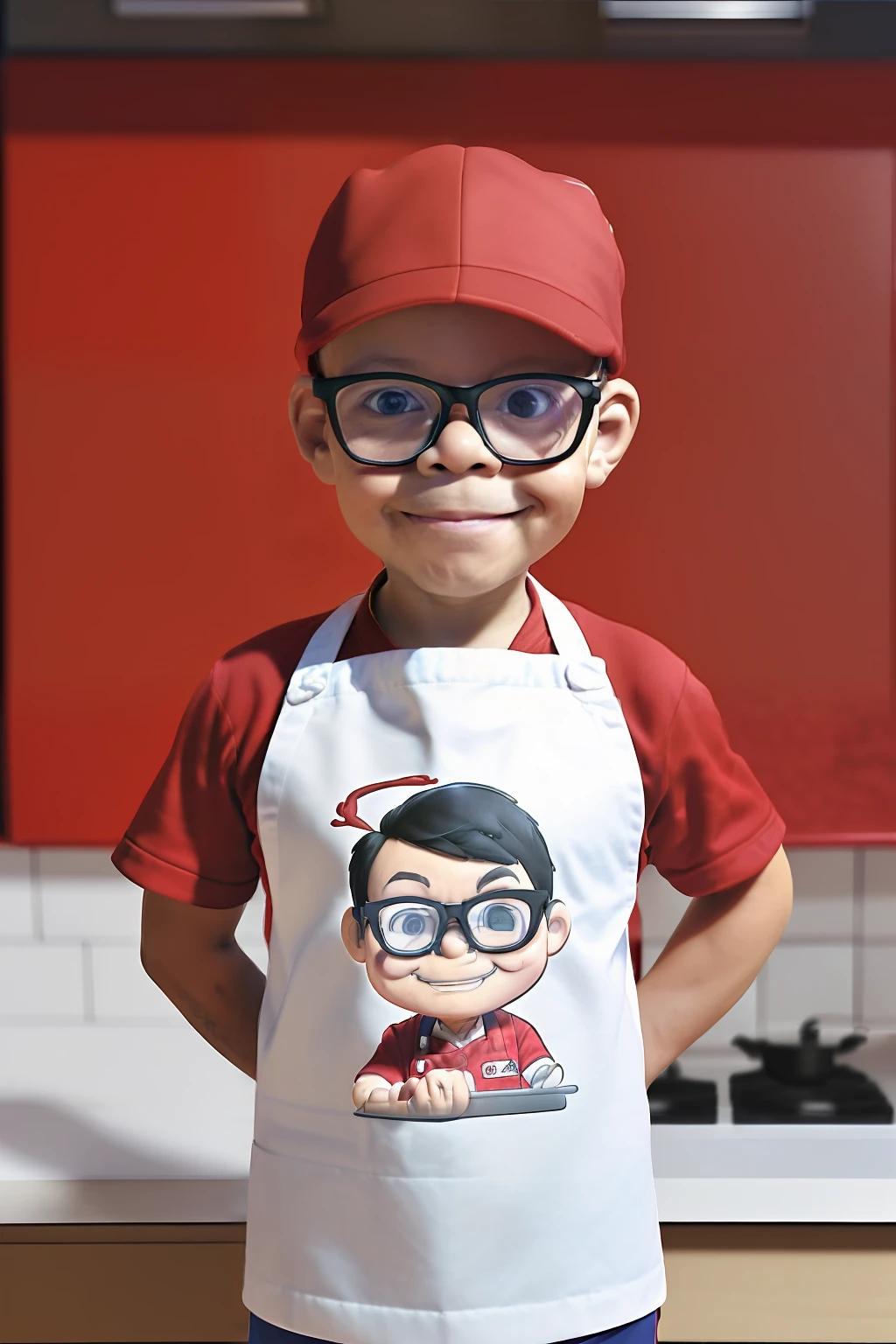 guttonerdvision3, ((((Portrait))) of a 3-year-old boy wearing glasses, with cook's outfit, red apron, red cap, half body, ((((whole body facing forward, looking at the camera)))), chibi style, kitchen scenery, blurred background, depth of field, detailed, cartoon, drawing by alex ross, unreal engine, 8k