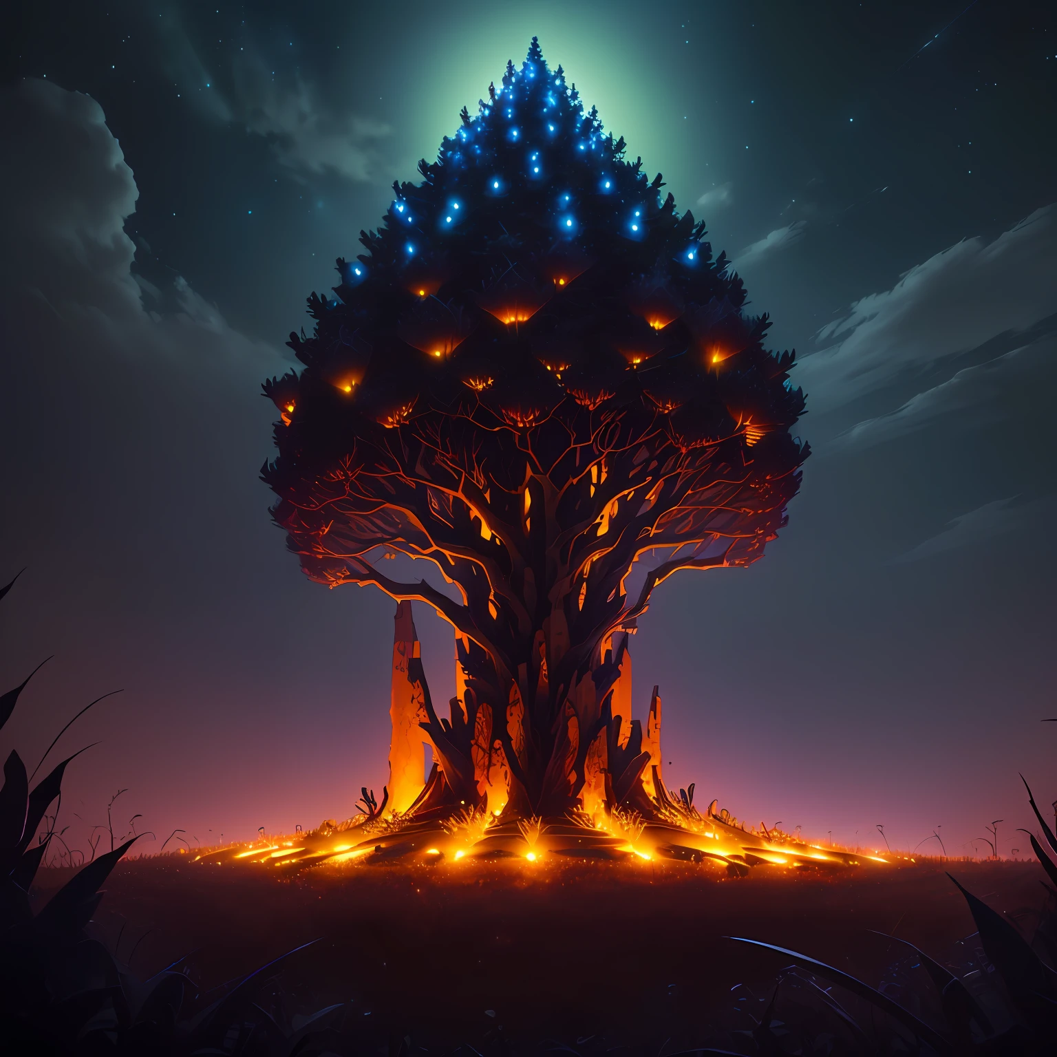 ominous anthill glowing in the night,