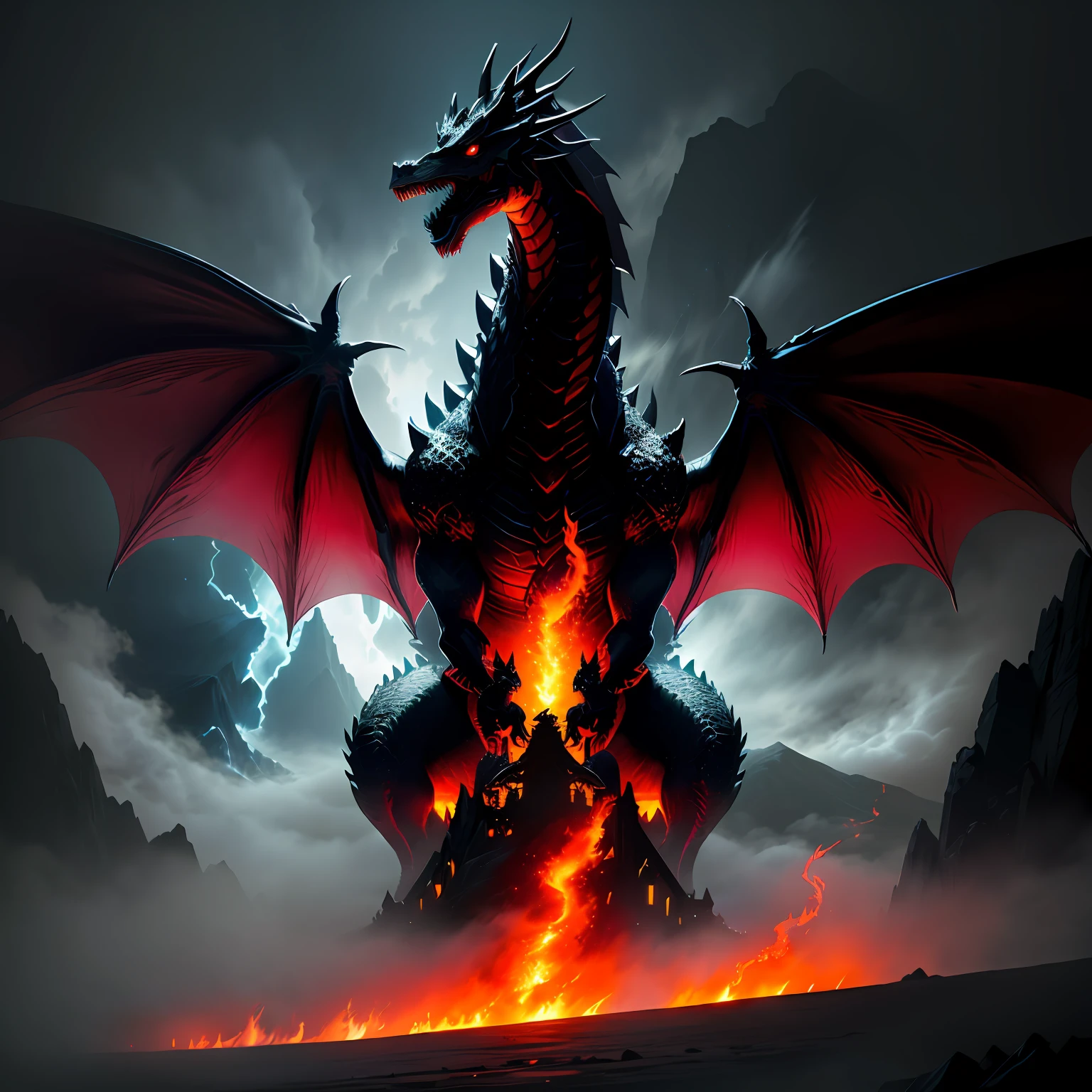 ominous dragon, fire, coming out of fog, night, dark