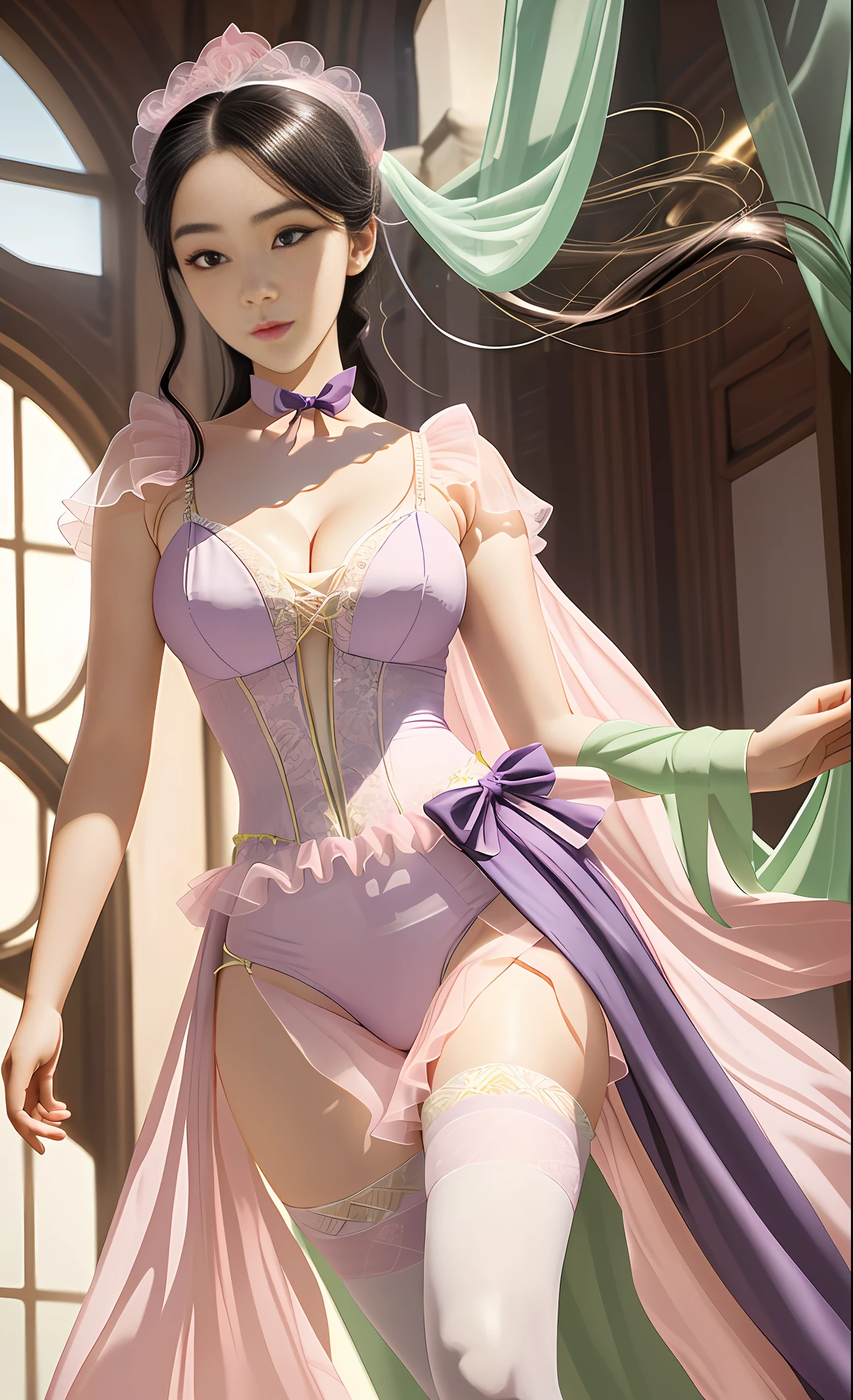 Ridiculous, high resolution, super detailed, (1 girl: 1.3),
High fork swimsuit, pink white tulet pantyhose, green tutu, looming feet, bright classroom, slim, pretty dream girl, looming bright purple thigh socks, silky texture, lace stocking edge, real photo, detailed eyes, pretty eyes, blush, full body perspective, detailed face, big boobs, real photos, realistic human body, realistic skin texture, cleavage: 1.4, perfect light, perfect thighs, perfect calves, detailed face
