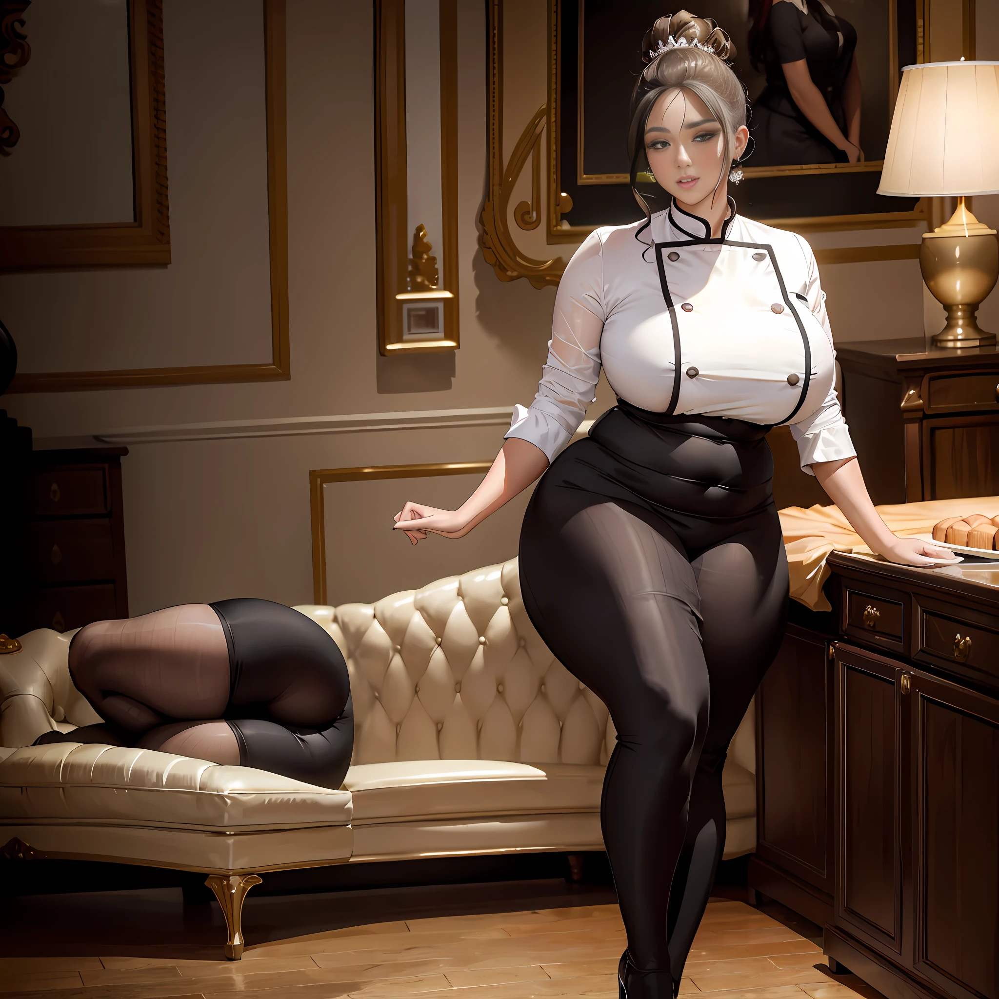 there is a woman in a black and white outfit posing for a picture, alluring plus sized model, wearing black tight clothing, plus size woman, thicc, plus-sized, doing an elegant pose over you, wearing headmistress uniform, seductively looking in front, full length and white stockings, beautiful thick female, wearing a strict business suit, wide hips