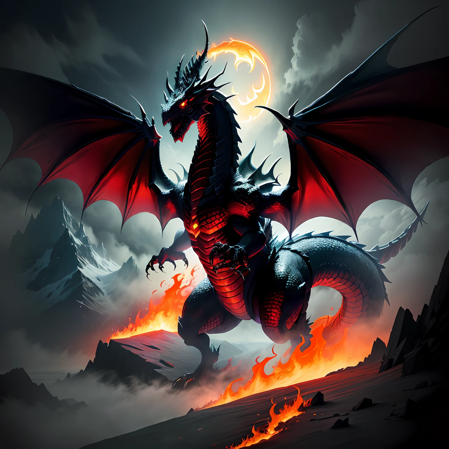 ominous dragon, fire, coming out of fog, night, dark
