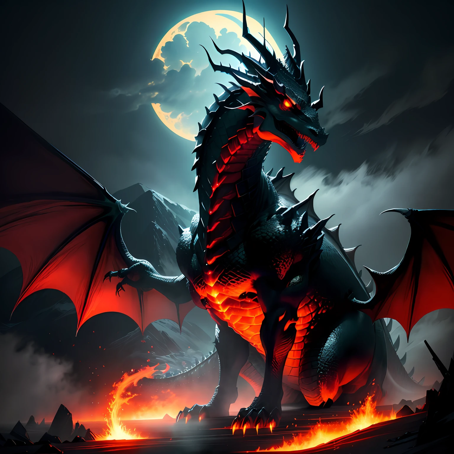 ominous dragon, fire, coming out of fog, night, dark