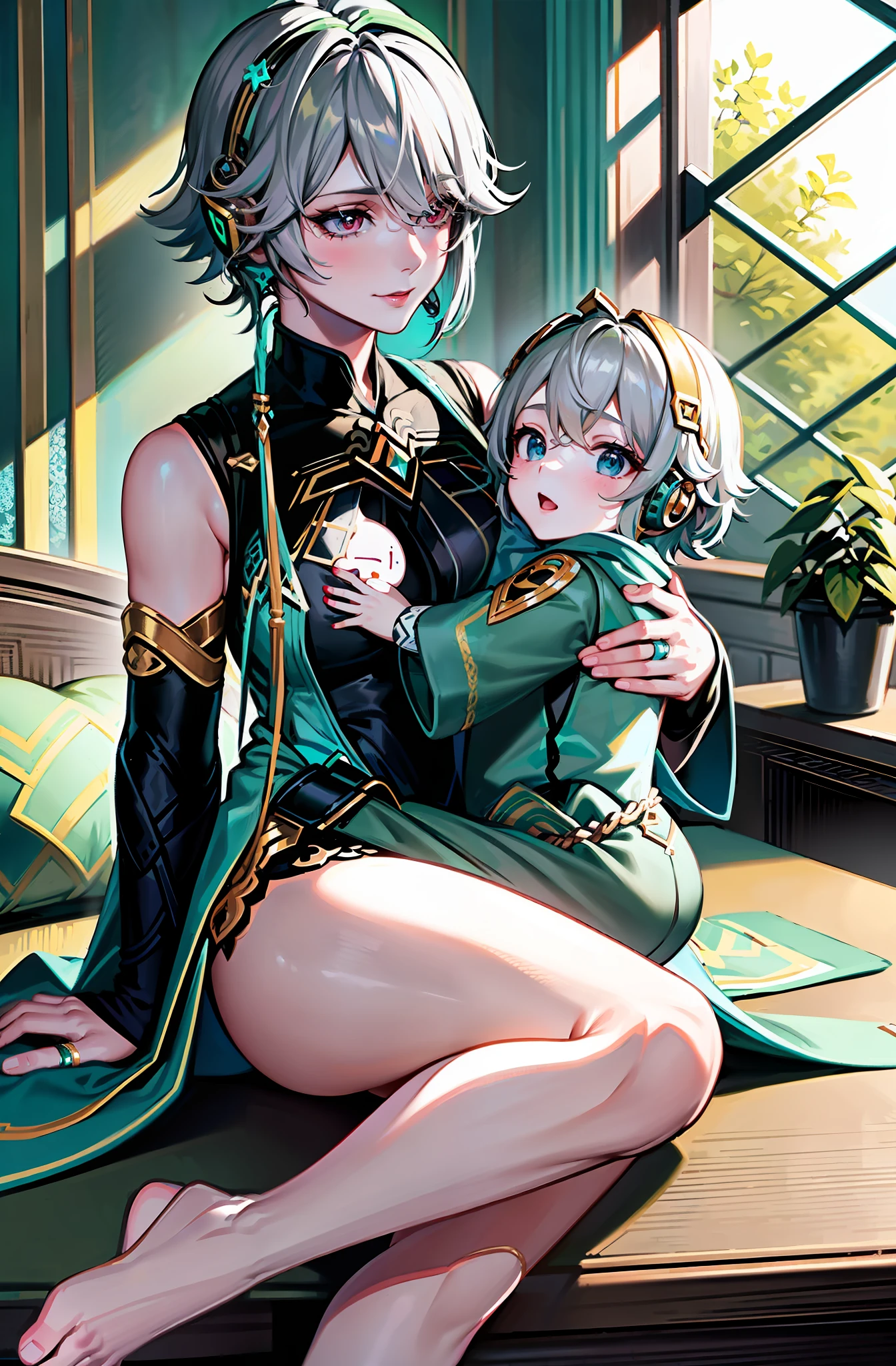 (well detailed background) (best quality), (high quality), (masterpiece), 1girl, 1baby , alhaitham \(genshin impact\), grey hair, turquoise eyes, short hair, headphones, mature, miduim breasts, looking down at the baby, tired smile (a mother with turquoise eyes a baby in her arms), wearing simple green robe, nightgown robe, green nightwear, long sleeves, loose sleeves, indoor, bedroom, newborn baby, (a baby with red eyes and blonde hair), blonde baby