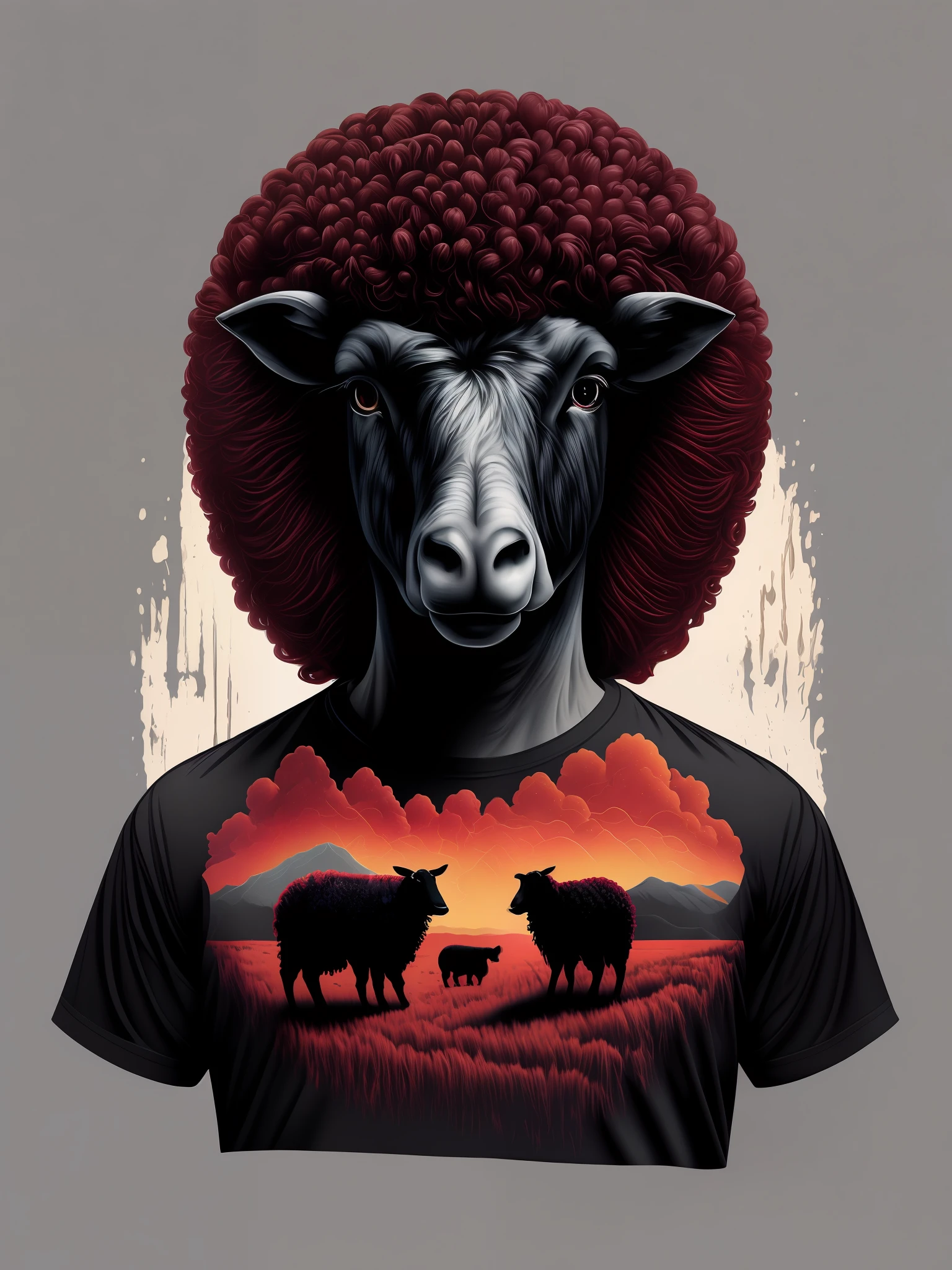 a black sheep t-shirt Vector ilustration, (masterpiece), (best illustration), red straight Chanel hair with bangs, solo, extreme light and shadow, masterpiece, rich in detail, (fine features), (highest quality), (masterpiece), (detailed eyes), (beautiful) detailed, (close up), (extremely detailed digital art wallpaper),(masterpiece), (best quality), (ultra-detailed), (best illustration),(best shadow),perfect lighting , vivid colors