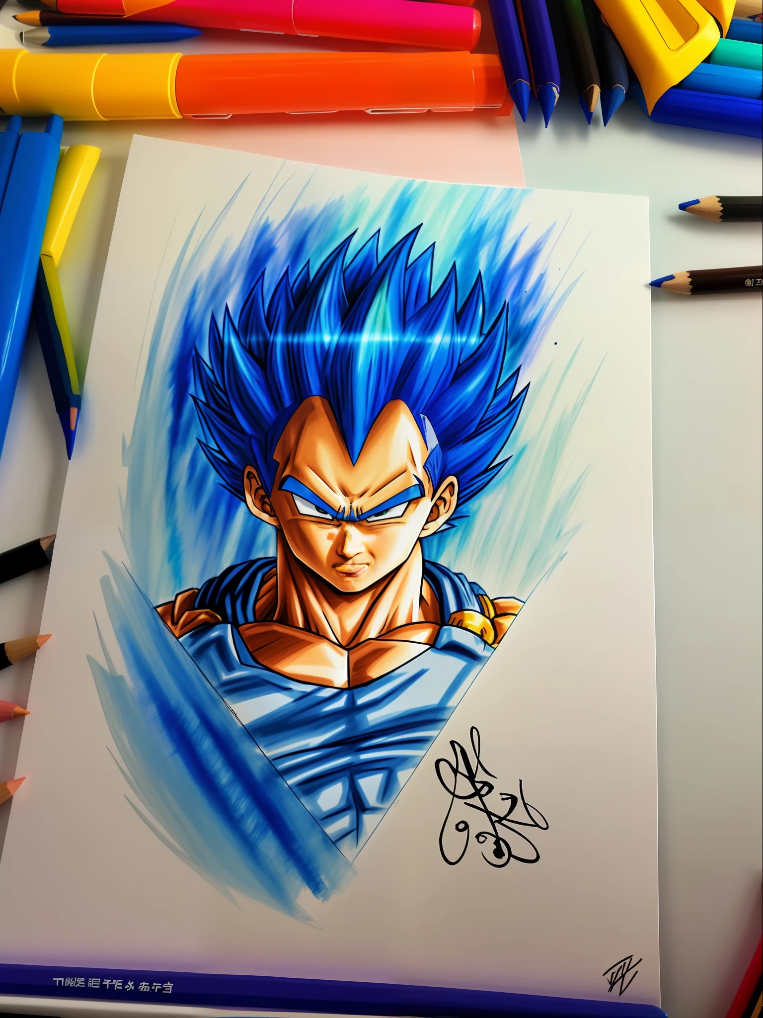 a closeup of a drawing of a blue haired goku, high quality colored sketch, vegeta, with vegeta head hair, super saiyan blue, an anime drawing, portrait of Vegeta, high quality fanart, inspired by Toriyama Sekien, dragonball character, Vegeta of dragon ball, anime drawing, highly detailed portrait of Vegeta, colorful drawing,  Prince Vegeta.