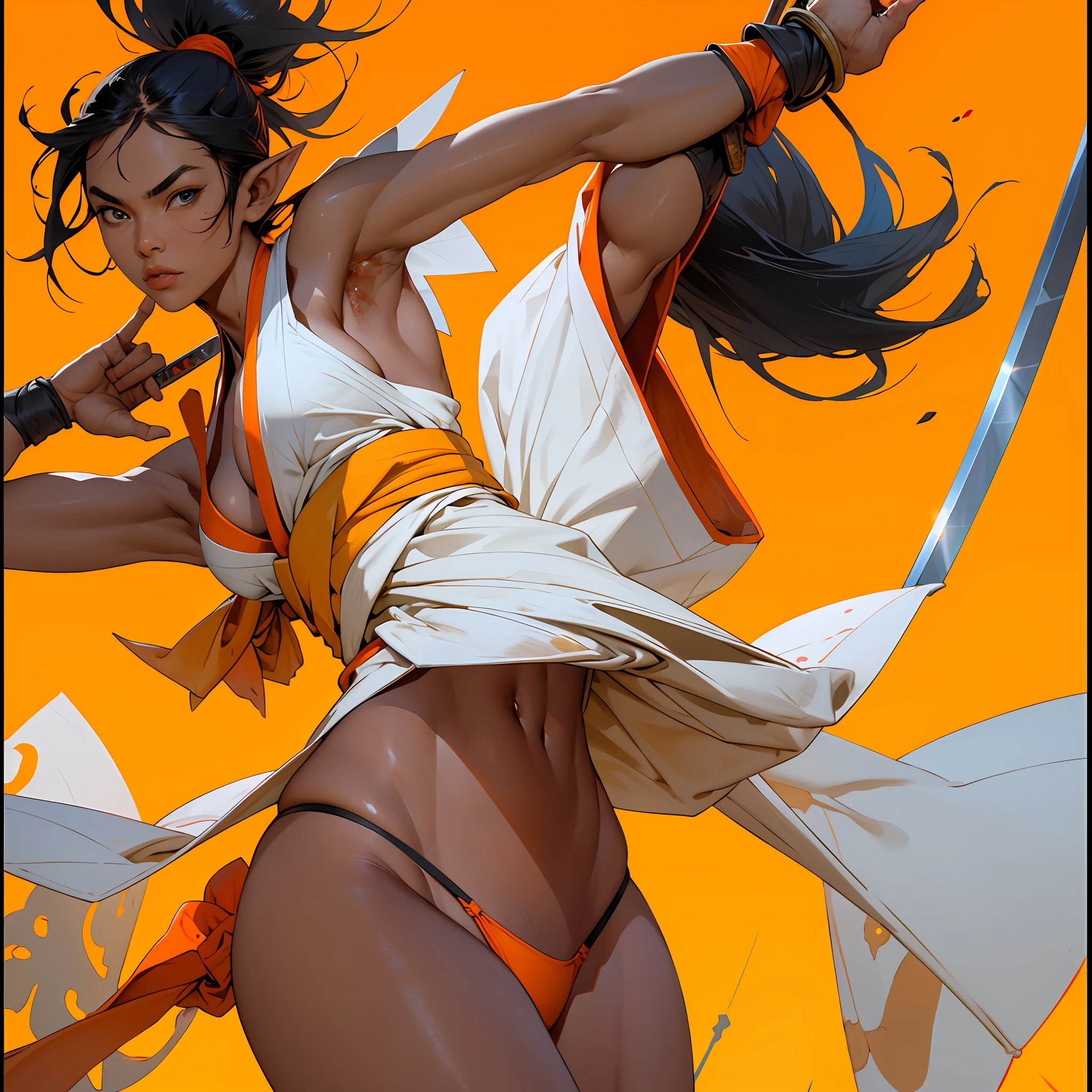 Best quality,masterpiece,ultra high res,(photorealistic:1.4) 1girl,orange thong, weapon,sword,long hair,black hair,ponytail,pointy ears,dark skin,large breasts,white background,solo,blood,arm guards,night desert background,blood on weapon,looking at viewer,blue eyes,tabi,floating hairfull body,red, orange, yellow, upper body, uchikake (wedding kimono),arms up,