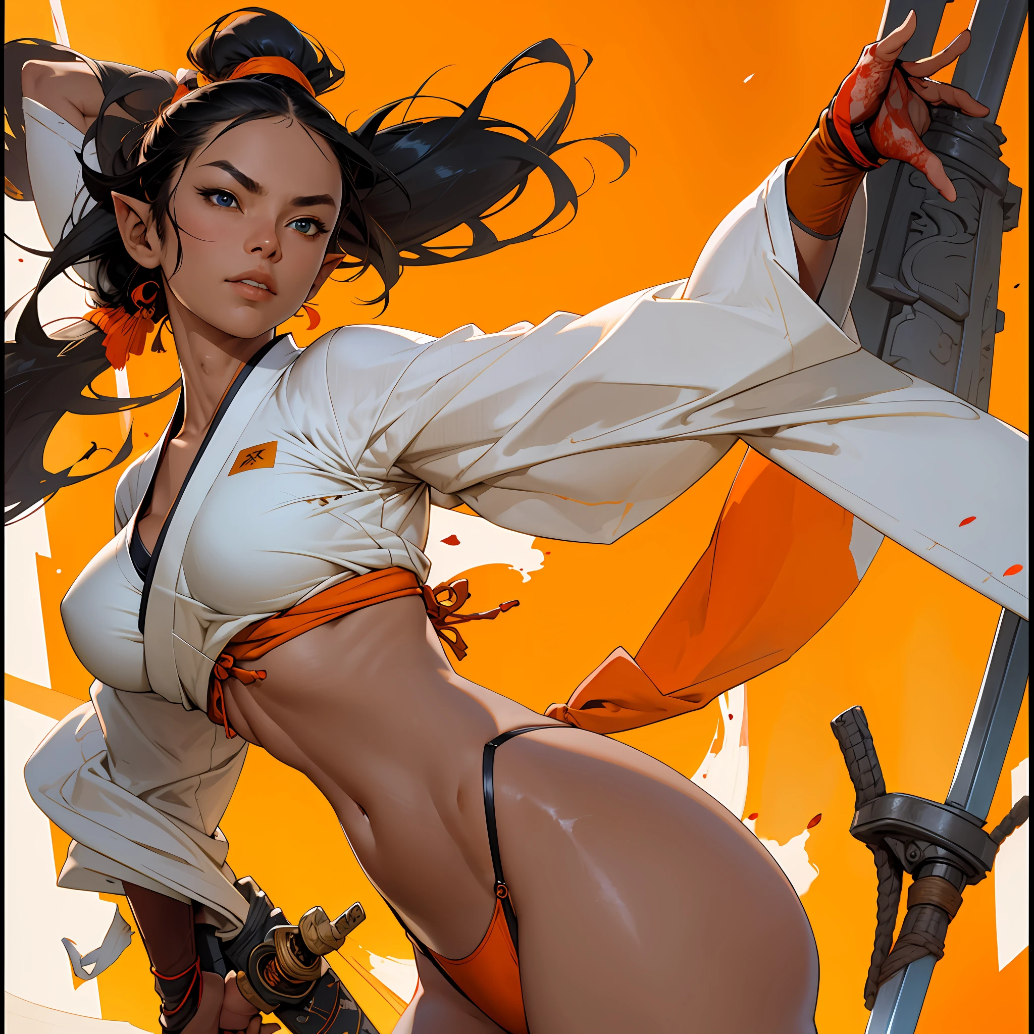 Best quality,masterpiece,ultra high res,(photorealistic:1.4) 1girl,orange thong, weapon,sword,long hair,black hair,ponytail,pointy ears,dark skin,large breasts,white background,solo,blood,arm guards,night desert background,blood on weapon,looking at viewer,blue eyes,tabi,floating hairfull body,red, orange, yellow, upper body, uchikake (wedding kimono),arms up,