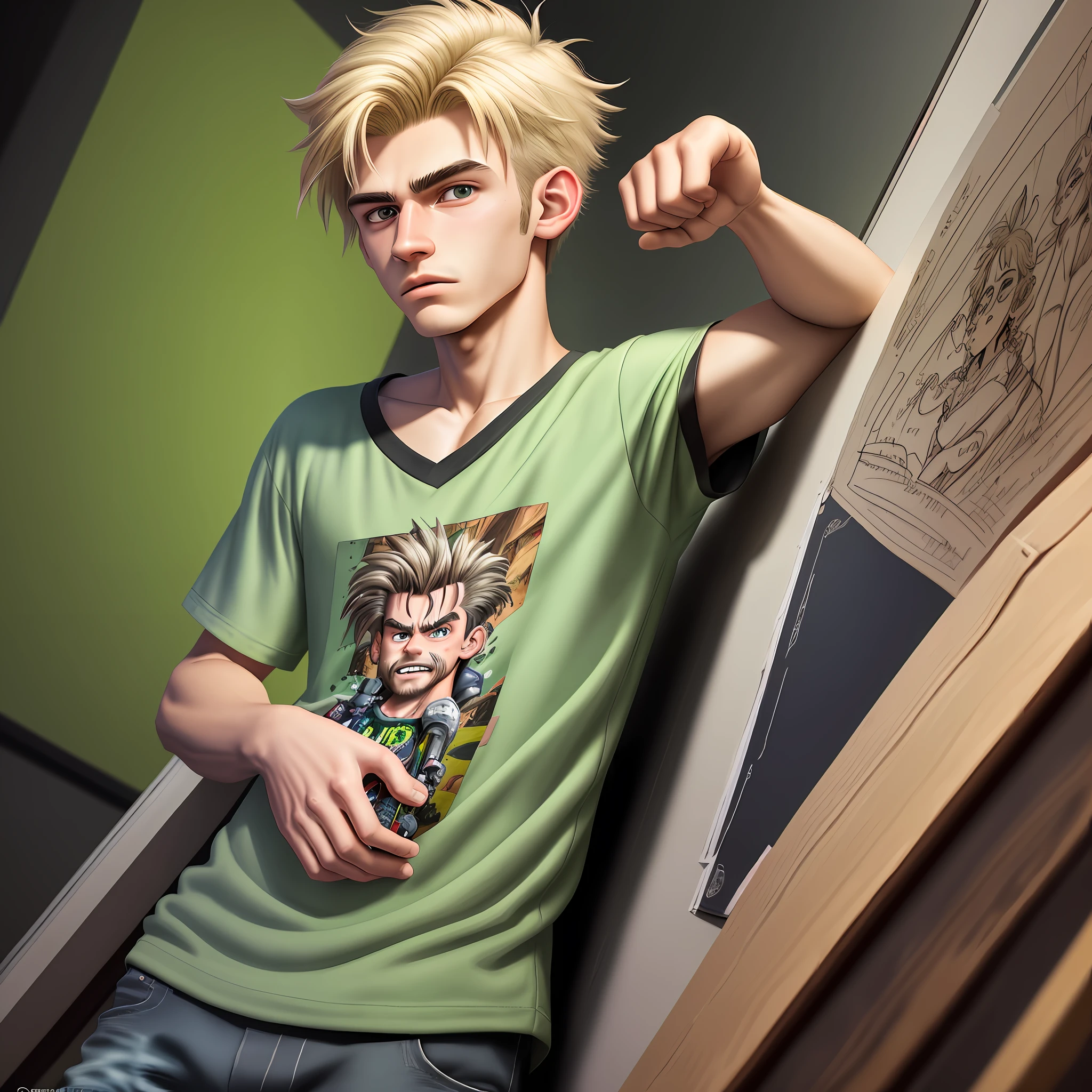 3D, Hand-Drawn, Hand-Drawn Animation, Storybook Illustration, Graphic Novel, Realistic Cartoon Style, Oil Painting, 16k, Full Screen. Eduardo Matias Work, is 16 years old, straight blonde hair up to his neck, light green eyes, in punk rock clothes, has a pincing on his right eyebrow, put a leather jacket on him