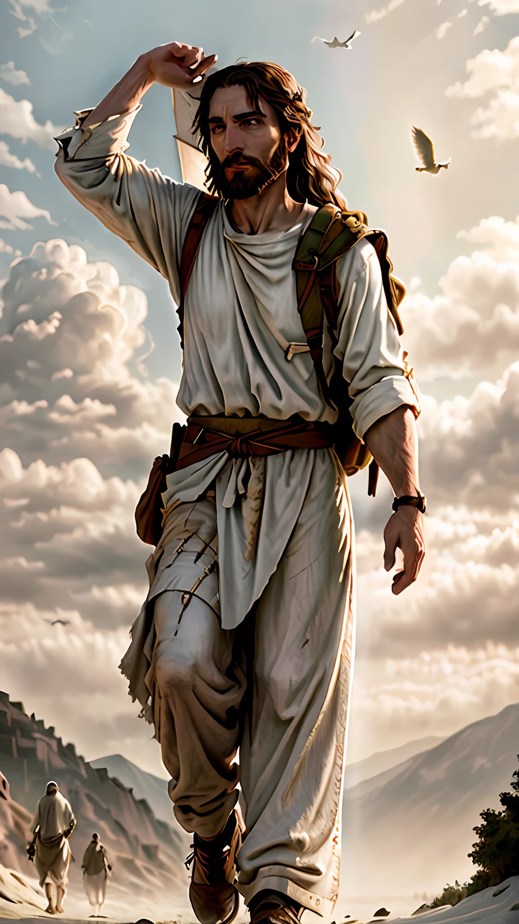 Masterpiece, Jesus Christ ultra realistic savior (biblical) walking in the wilderness, on his shoulder a white dove.