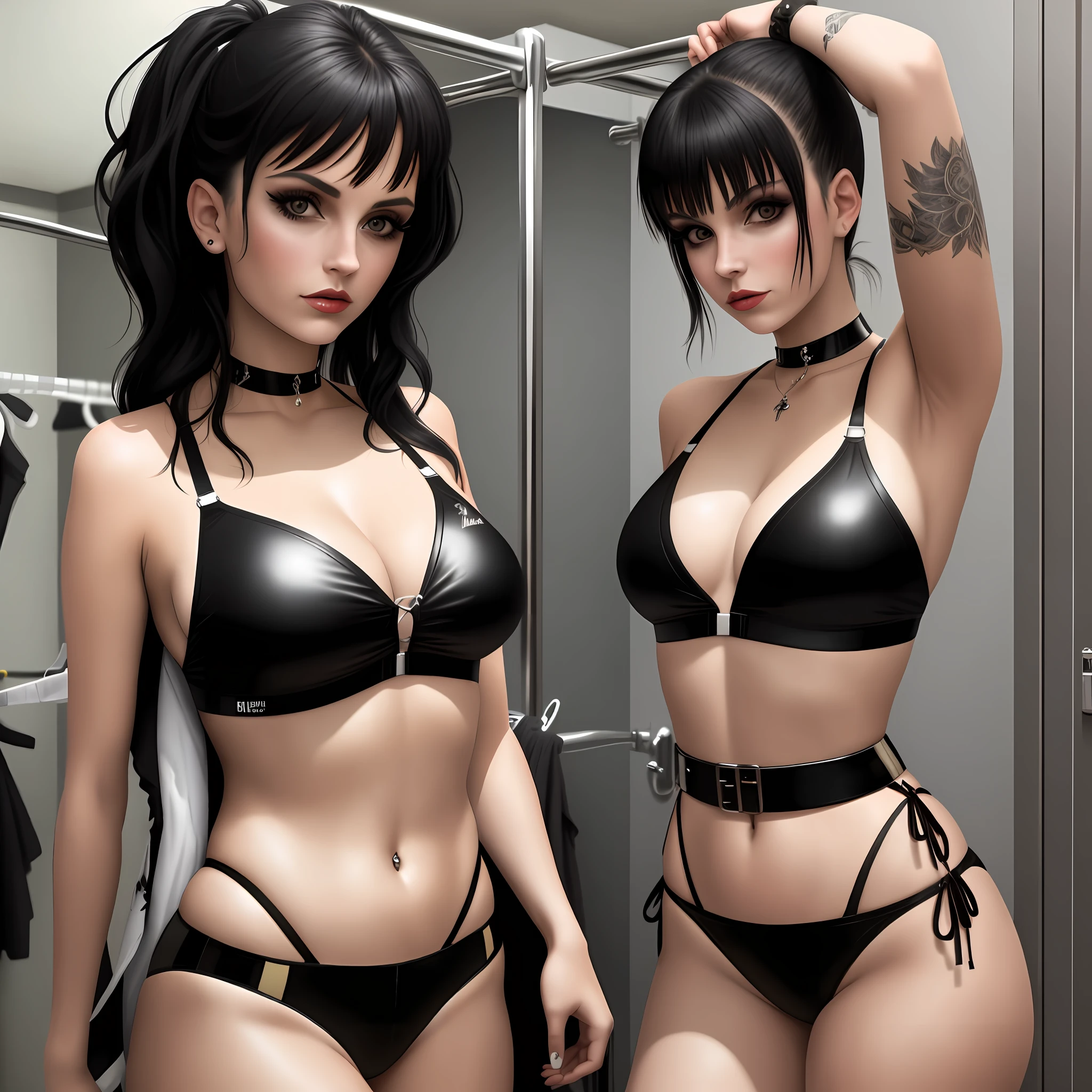 Sexy Goth new wave girl trying out her bikini in the changing room