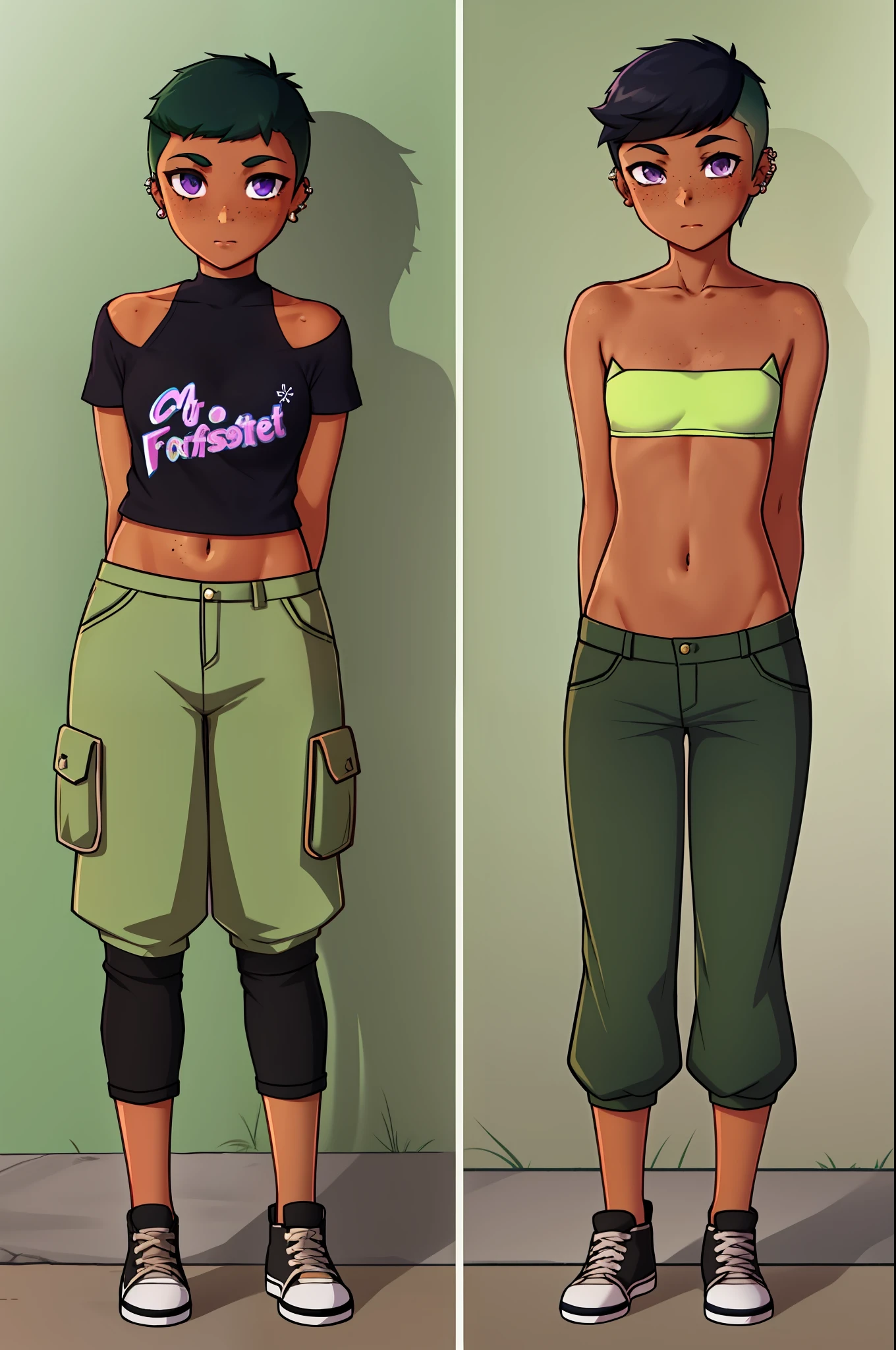 riley fairfeather, masterpiece, best quality, 1girl, solo, nose piercing, clothes writing, green hair, piercing, undercut, leotard, freckles, breasts, full body, short hair, black hair, black leotard, multicolored hair, shoes, two-tone hair, sneakers, purple eyes, covered navel, looking at viewer, green pants, blush, bare shoulders, ear piercing, pants, arms behind back, small breasts, nose blush, dark-skinned female, medium breasts, standing, tan, dark skin, pigeon-toed, outdoors,