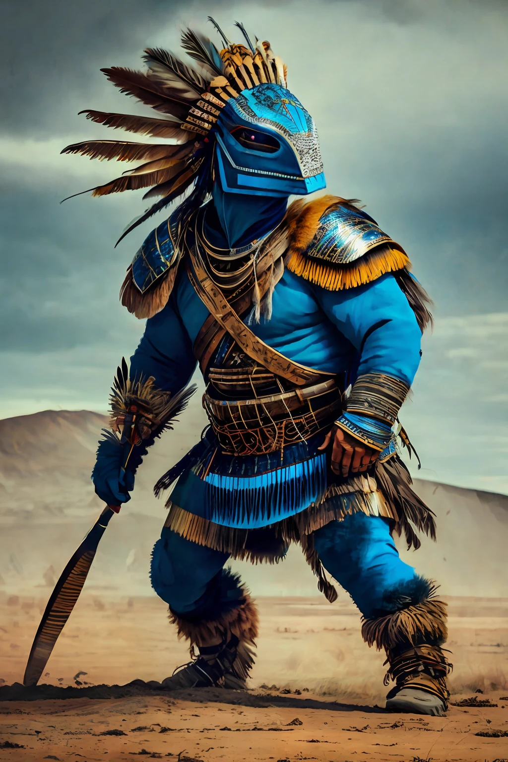 human dinosaur in a native tribe, feathers, lonely warrior ready for battle, war cry, anthill, 4k, blue glow, scary