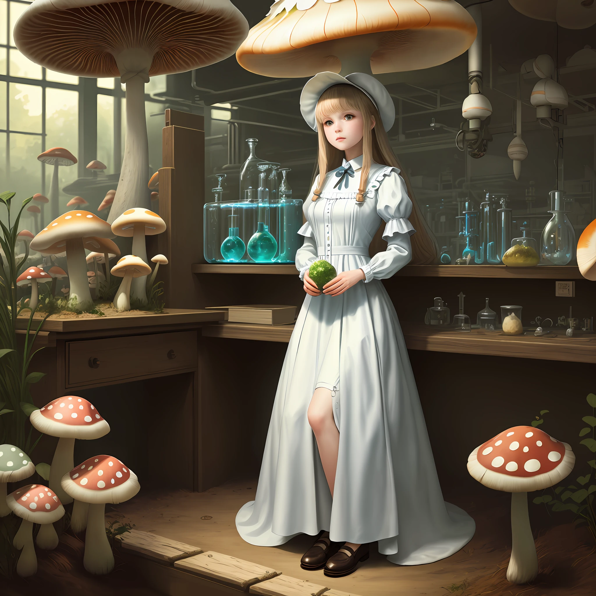 masterpiece, best quality, highres, ultra-detailed, solo, girl, AliceWonderland, long dress, and, in worderland, inside a lab with mushroom in hand