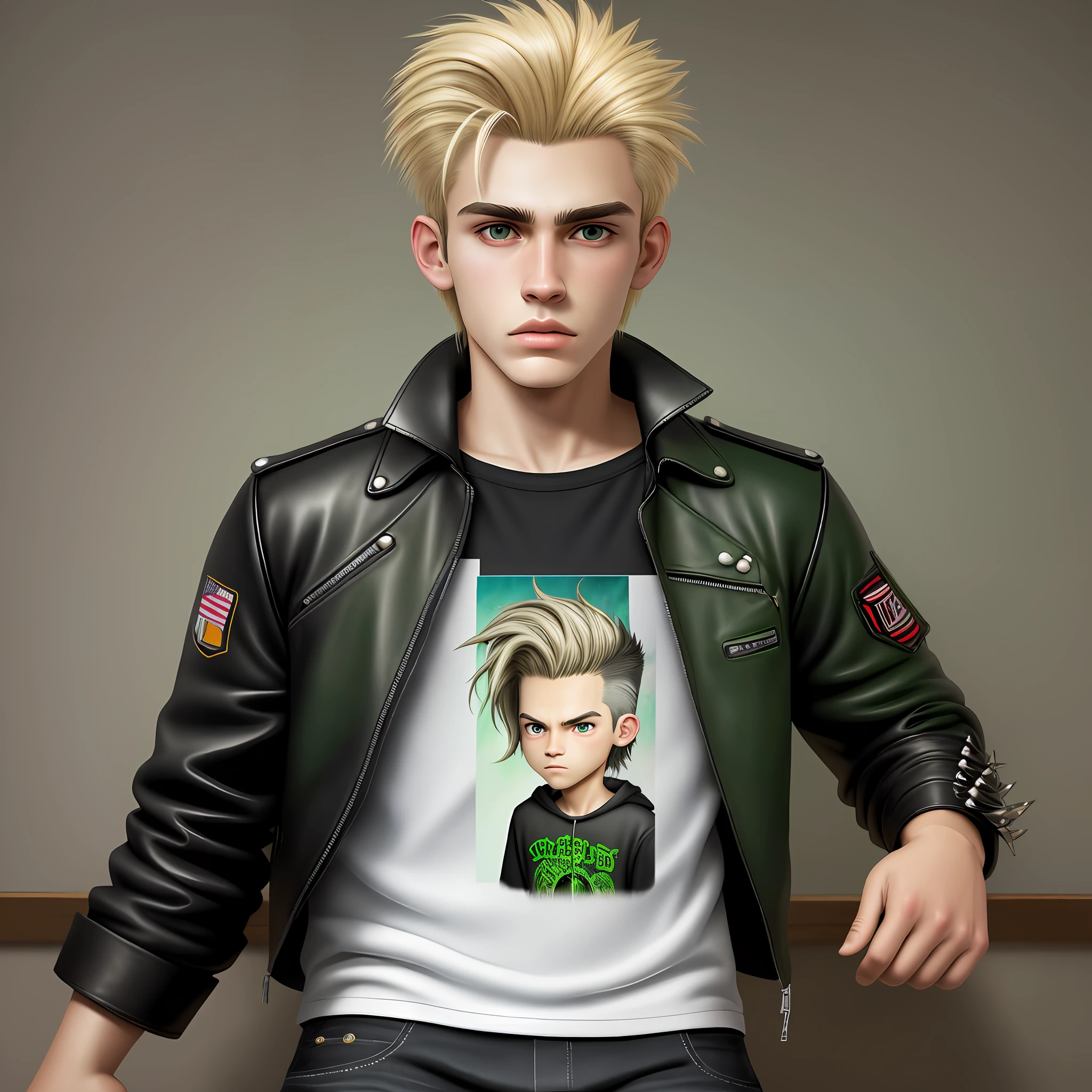 3D, Hand-Drawn, Hand-Drawn Animation, Storybook Illustration, Graphic Novel, Realistic Cartoon Style, Oil Painting, 16k, Full Screen. Eduardo Matias Work, is 16 years old, straight blonde hair up to his neck, light green eyes, in punk rock clothes, has a pincing on his right eyebrow, puts on a black leather jacket