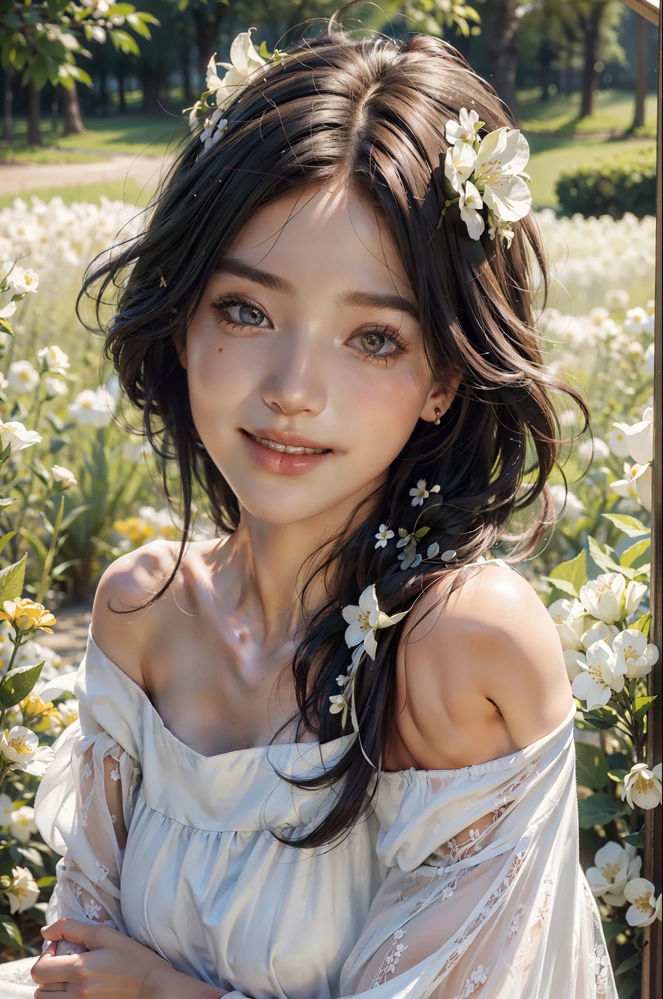 Best quality, masterpiece, ultra high res, (photorealistic:1.4), raw photo, 1girl, white dress, off shoulder, blossom flower field, glowing skin, light smile