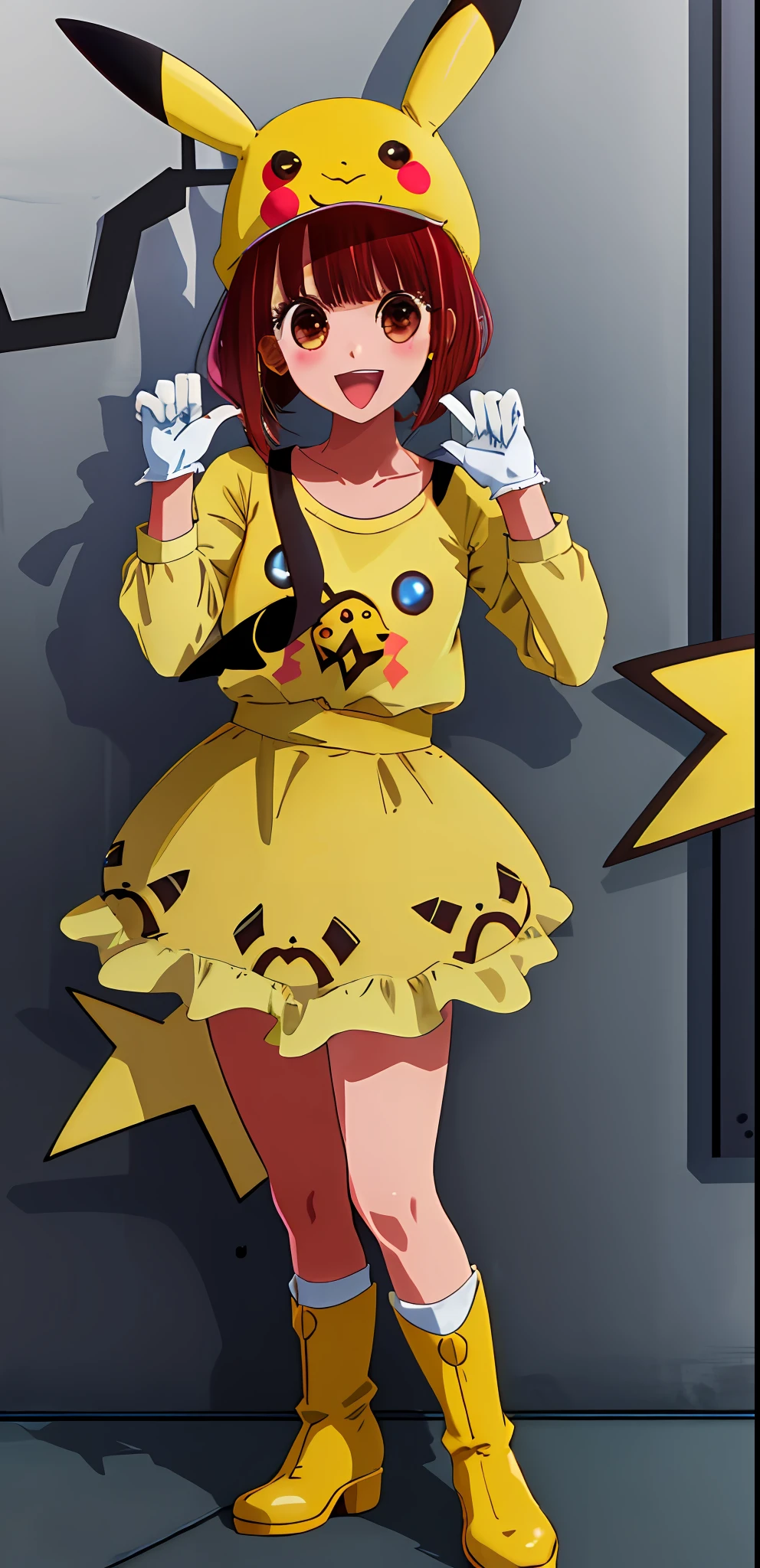 1girl masterpiece, best quality, solo, (pikachu (cosplay):1.2), pikachu (cosplay):1.2, pikachu earsbrown boots, :d, Arima kana, medium breast, white gloves, gold marble earrings, jumping