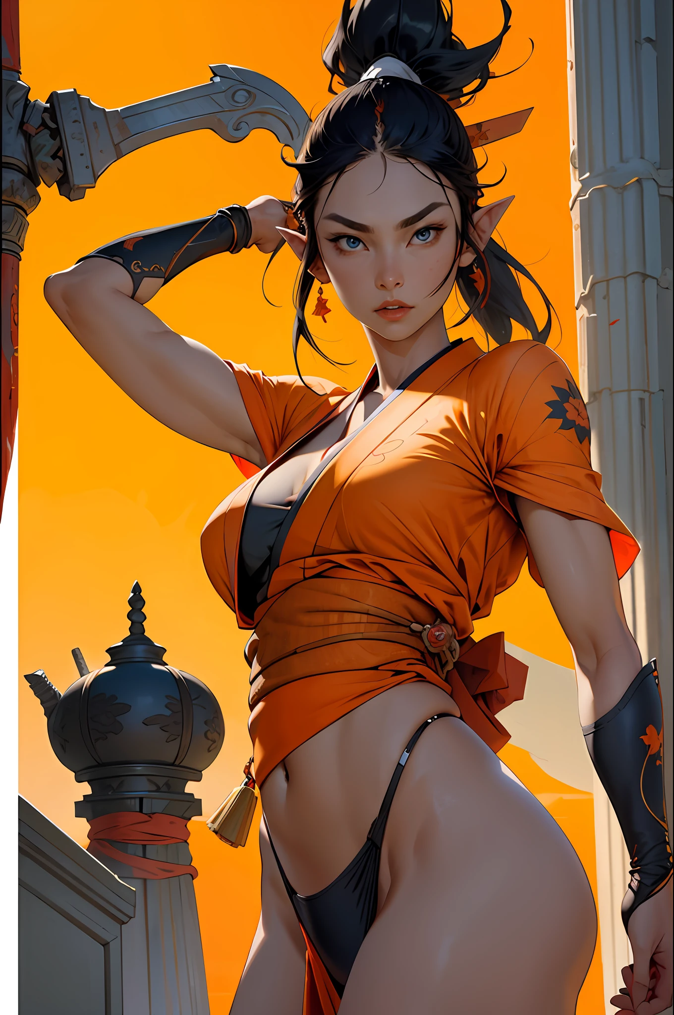 ((masterpiece,best quality)),wallpaper,HDR,high-definition,[[[[Intricate Details]]]],cinematic,photorealistic, Best quality,masterpiece,ultra high res,(photorealistic:1.4) 1girl,orange thong, weapon,sword,long hair,black hair,ponytail,pointy ears,dark skin,large breasts,white background,solo,blood,arm guards,night desert background,blood on weapon,looking at viewer,blue eyes,tabi,floating hairful body,red, orange, yellow, upper body, uchikake (wedding kimono),arms up,