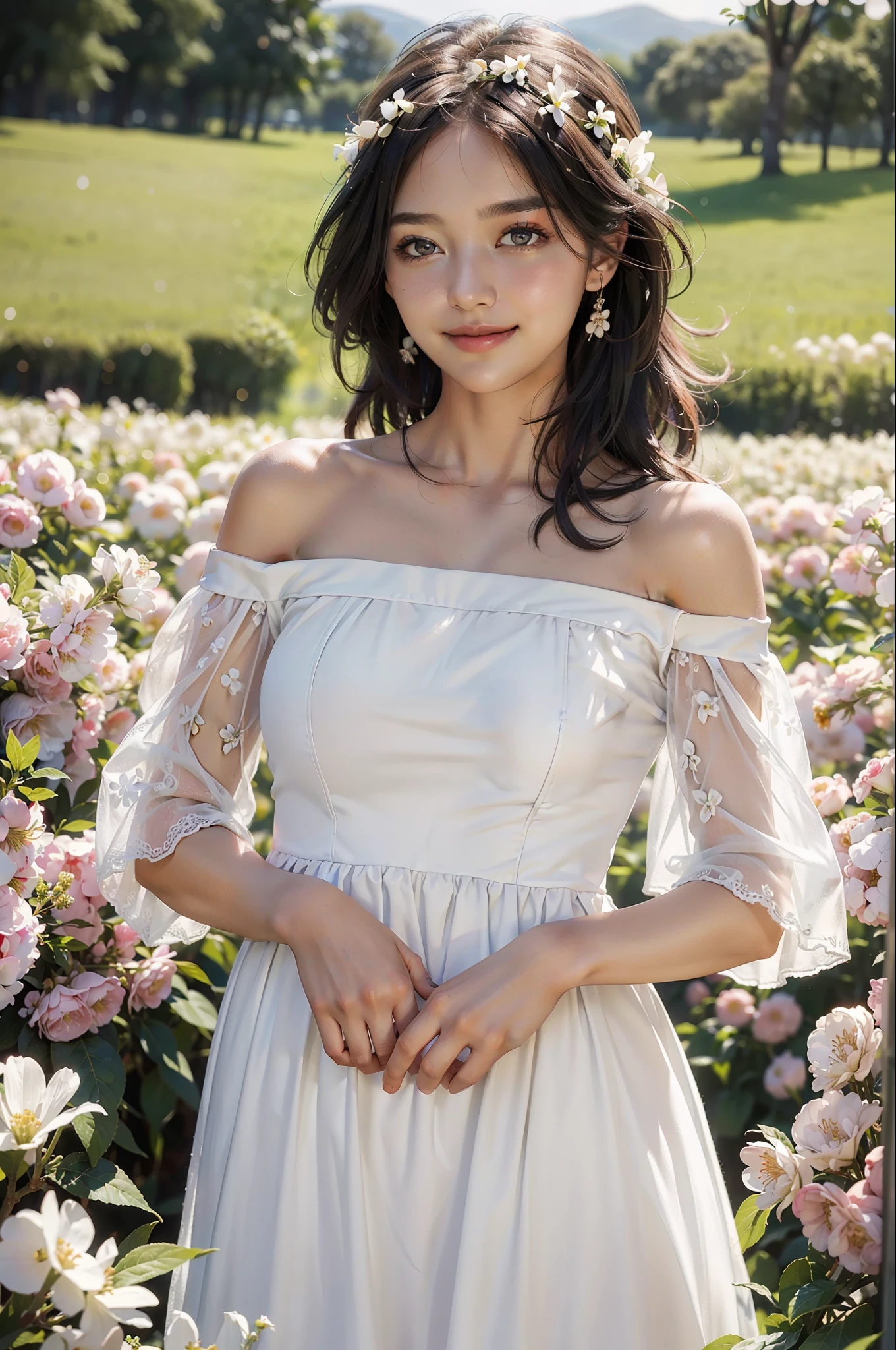 Best quality, masterpiece, ultra high res, (photorealistic:1.4), raw photo, 1girl, white dress, off shoulder, blossom flower field, glowing skin, light smile