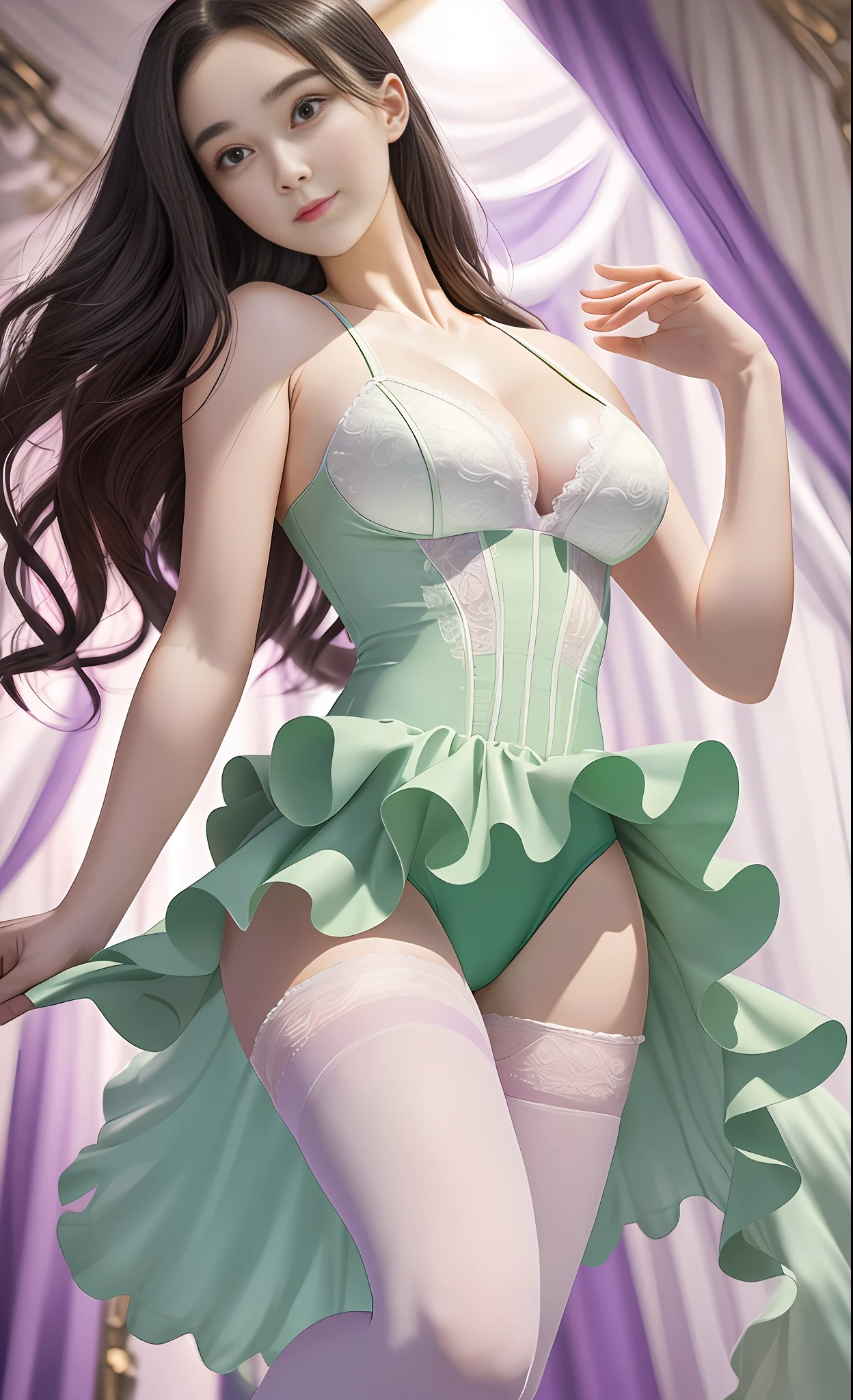 Ridiculous, high resolution, super detailed, (1 girl: 1.3),
High fork swimsuit, pink white tulet pantyhose, green tutu, looming feet, bright classroom, slim, pretty dream girl, looming bright purple thigh socks, silky texture, lace stocking edge, real photo, detailed eyes, pretty eyes, blush, full body perspective, detailed face, big boobs, real photos, realistic human body, realistic skin texture, cleavage: 1.4, perfect light, perfect thighs, perfect calves, detailed face