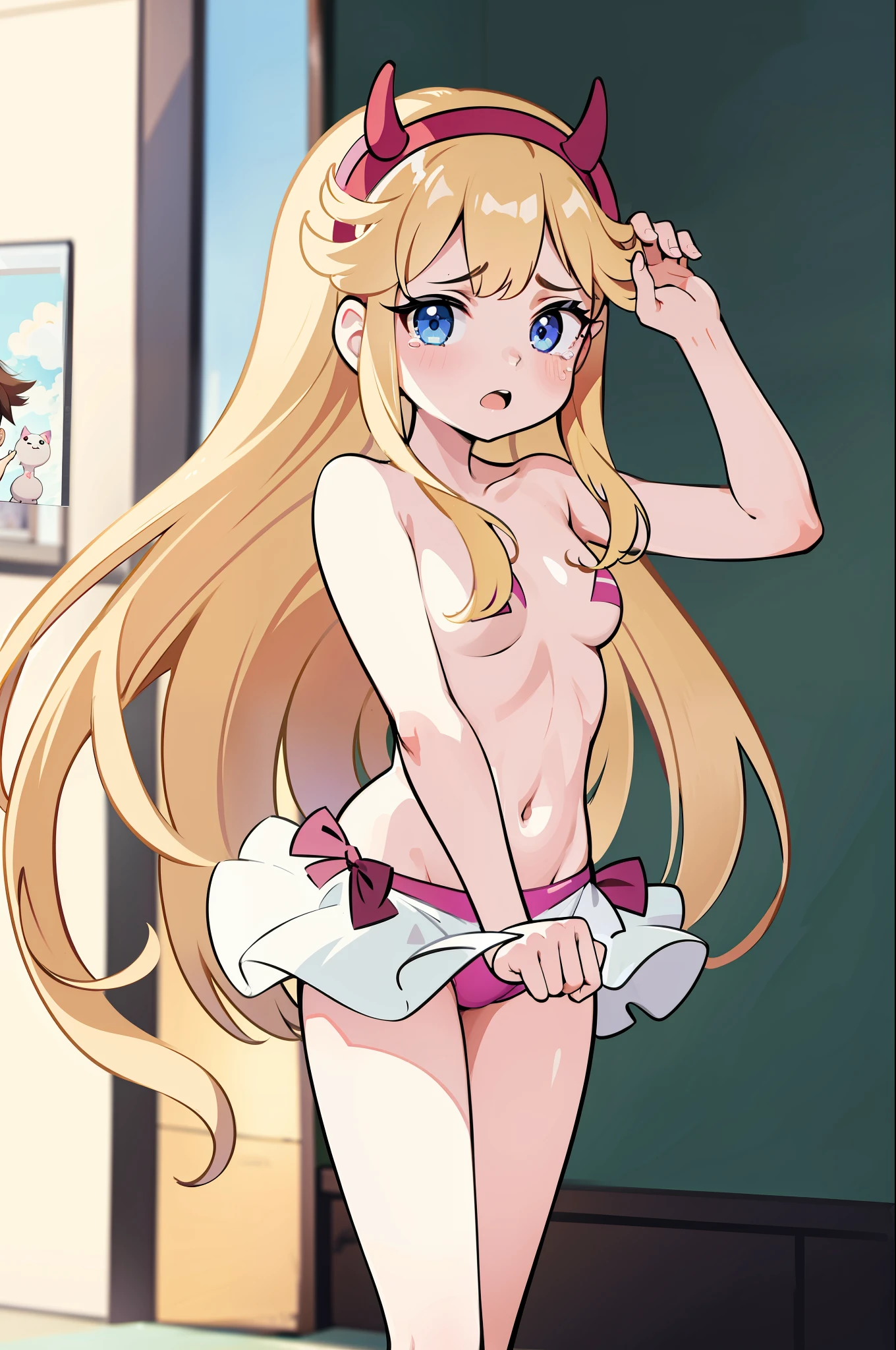 (masterpiece, best quality, high resolution: 1.4), 1girl, woman, butterfly star, horn tiara, covering with her hand, looking at the viewer, pink bikini, micro bikini, in public, embarrassed, walking in public, in shame, people looking at her, cheeks rosy with shame, tears in her eyes, without the top of the bikini, hands holding the breasts, ((topless))