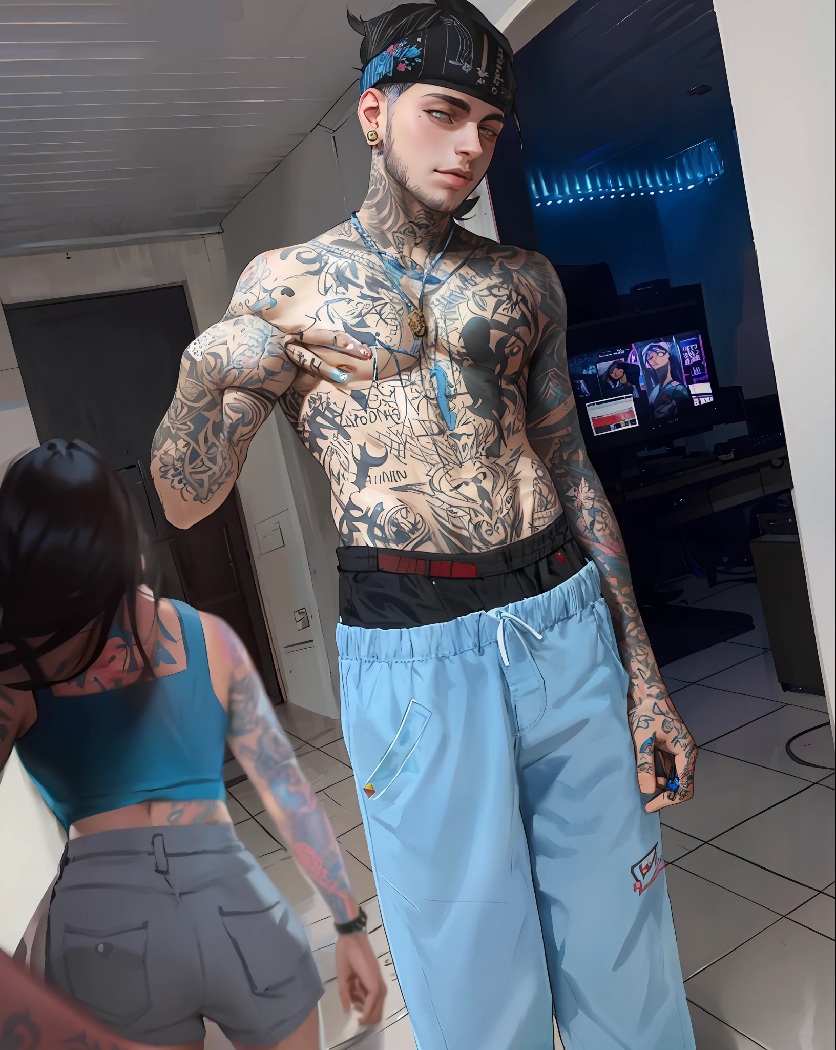 Tattooed man with a woman in blue bikini and blue pants, Lil Peep, with tattoos, post malone, with ink, wearing shipibo tattoos, full body photo, Pete Davidson