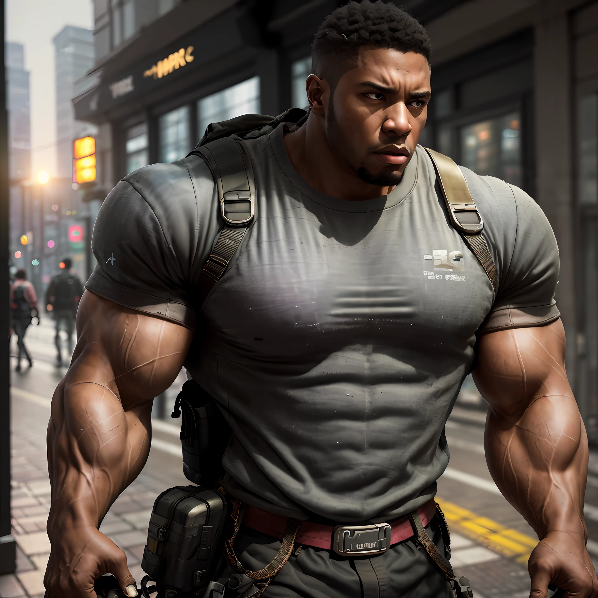 Strong and muscular black man, angry street, backpack, realistic epic, photo, faded, complex things around, intricate background, neutral colors, ((((HDR)))), ((((soft colors)))), intricate scene, artistic station, intricate details, vignette