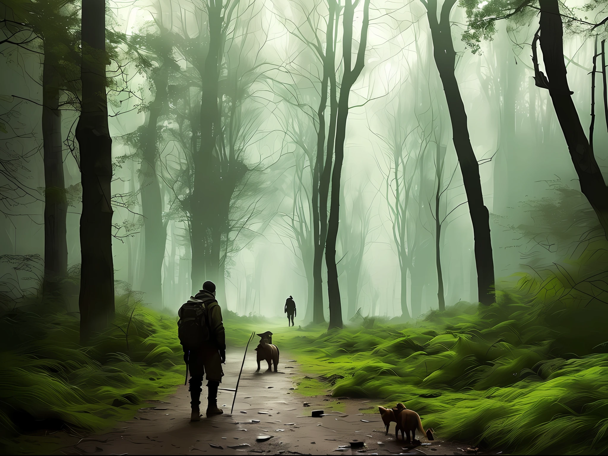 (masterpiece) RAW highly detailed, a man with a post-apocalyptic dog with a backpack is walking down a clear alley in a leafy and long forest, at the end of the way a strong white light shaped ball, hassanfantasy style, by Jeremy Mann and Donato Giancola ultra realistic highly detailed intricate photorealistic