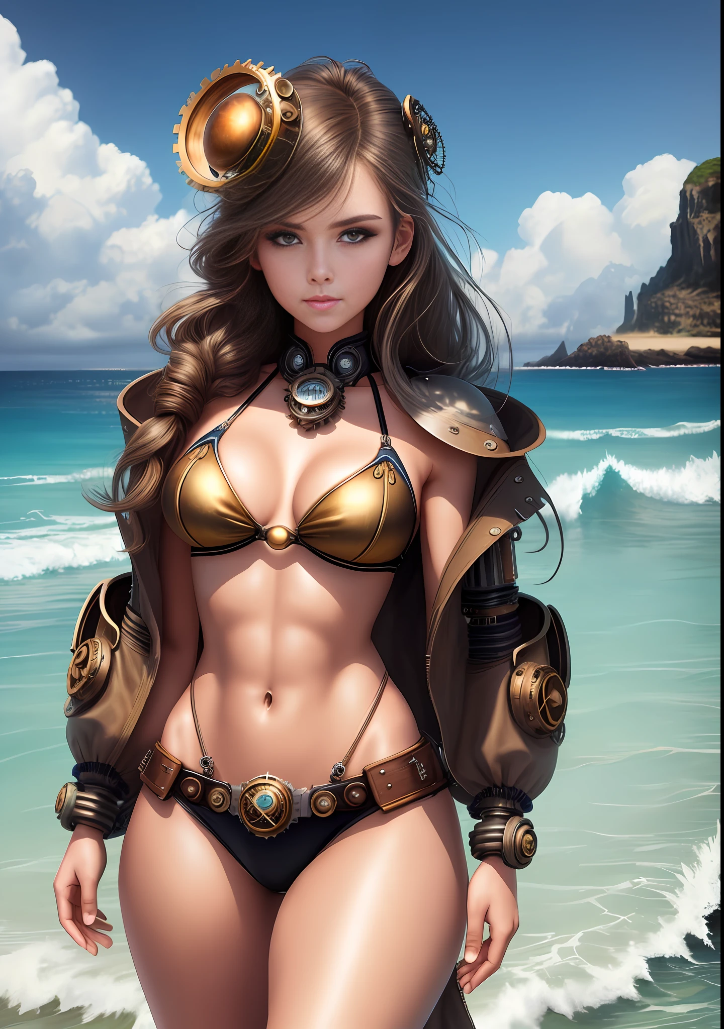 Beautiful girl on the beach, bikini, beautiful physique, aesthetics of the female body, a lot of details, super detailing, very cute face, twenty years, steampunk elements, sea, sun, beach, splashing water on the skin, developing hair, clouds in the sky