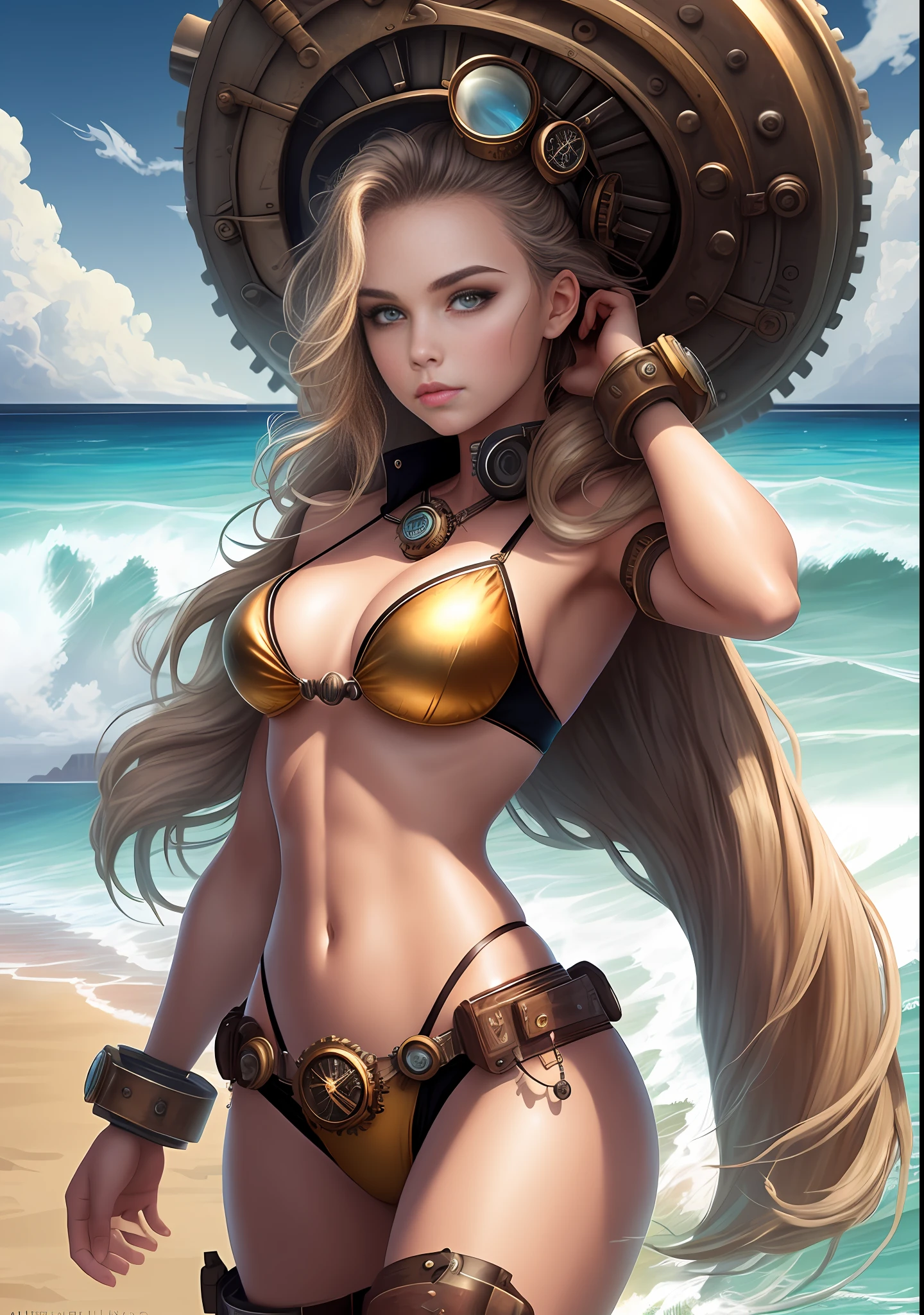 Beautiful girl on the beach, bikini, beautiful physique, aesthetics of the female body, a lot of details, super detailing, very cute face, twenty years, steampunk elements, sea, sun, beach, splashing water on the skin, developing hair, clouds in the sky