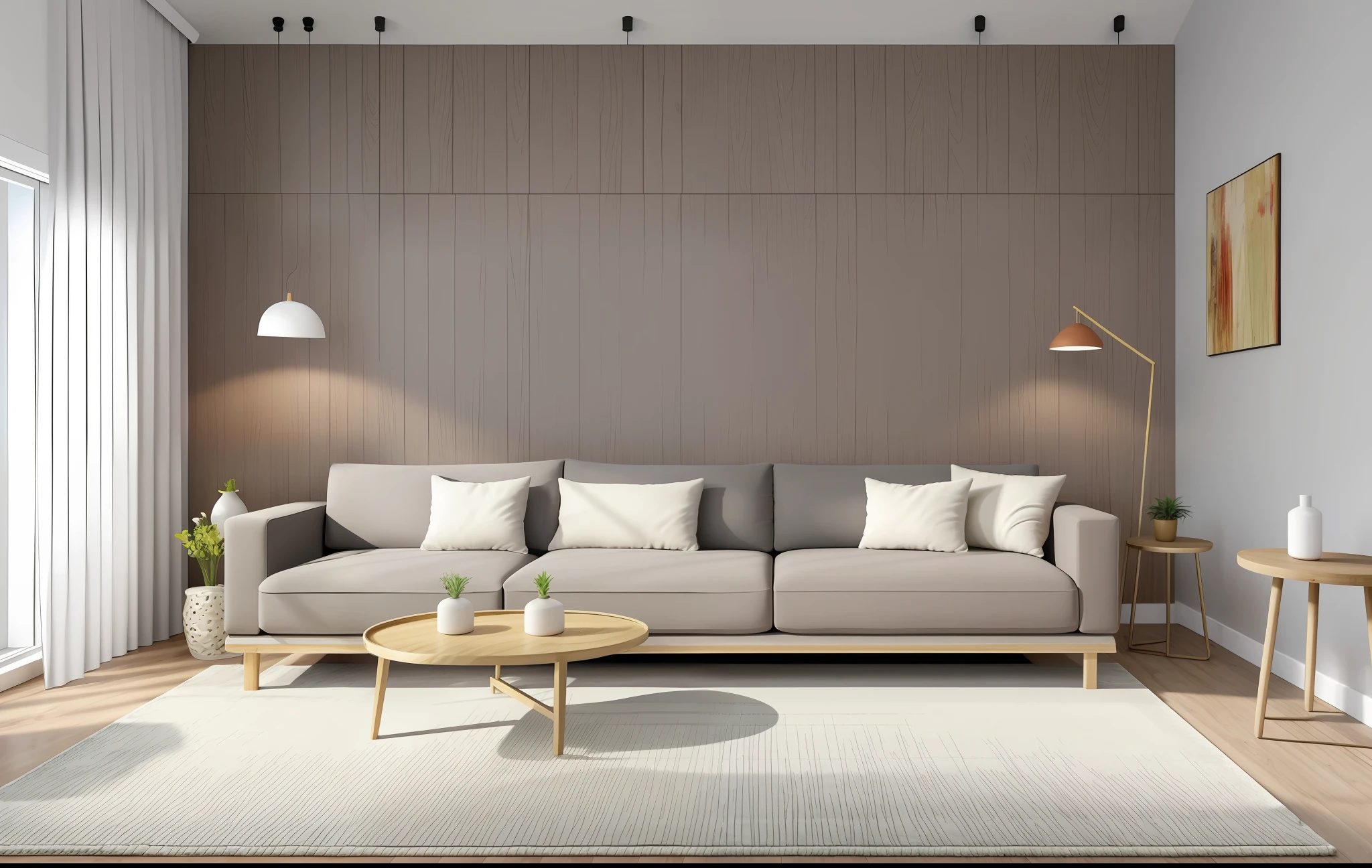 minimalist living room, (gray sofa), wooden floor (ultra realistic), masterpiece, super realistic, best quality, raw photo sofa shawl cute rug curtain Jacquard light