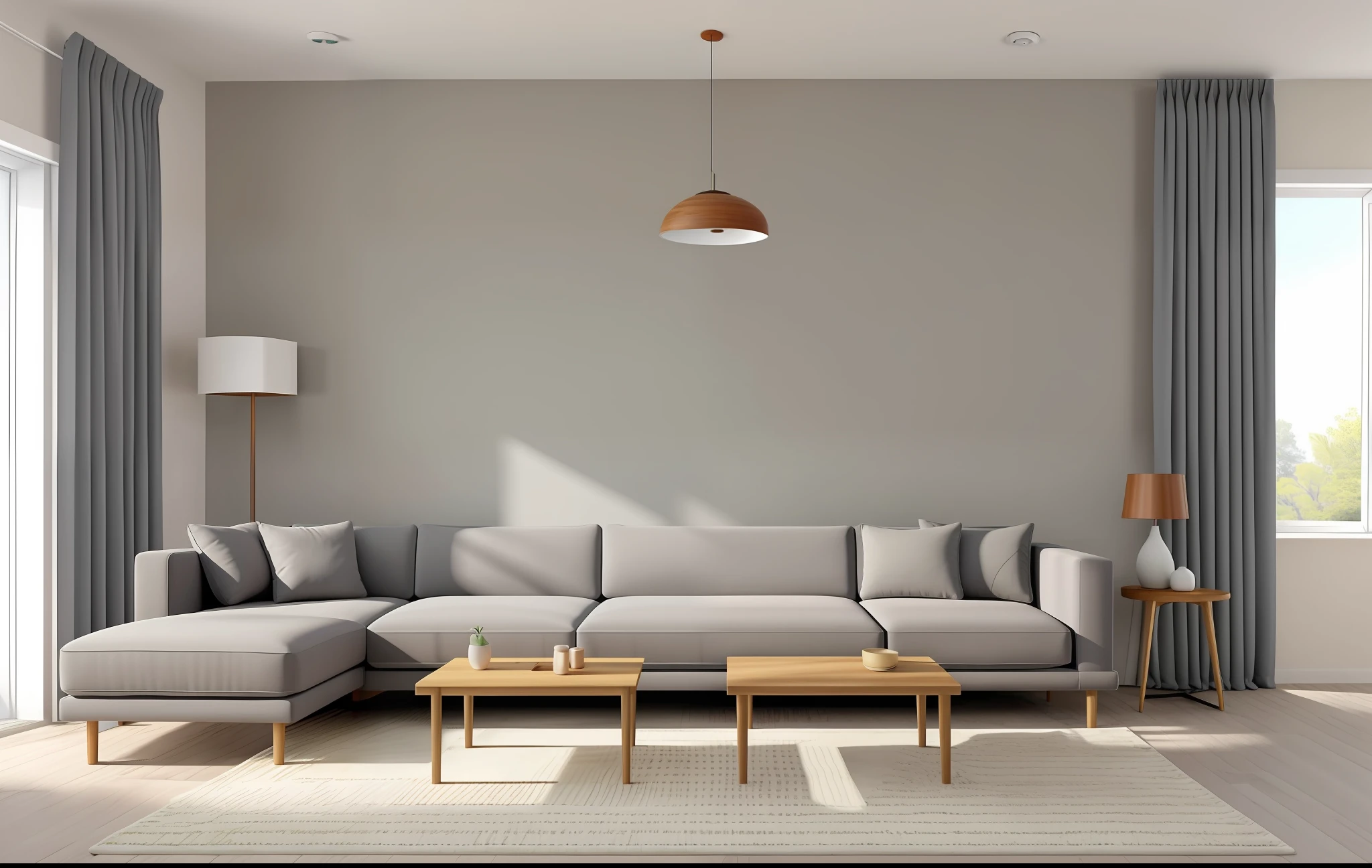 minimalist living room, (gray sofa), wooden floor (ultra realistic), masterpiece, super realistic, best quality, raw photo sofa shawl cute rug curtain Jacquard light
