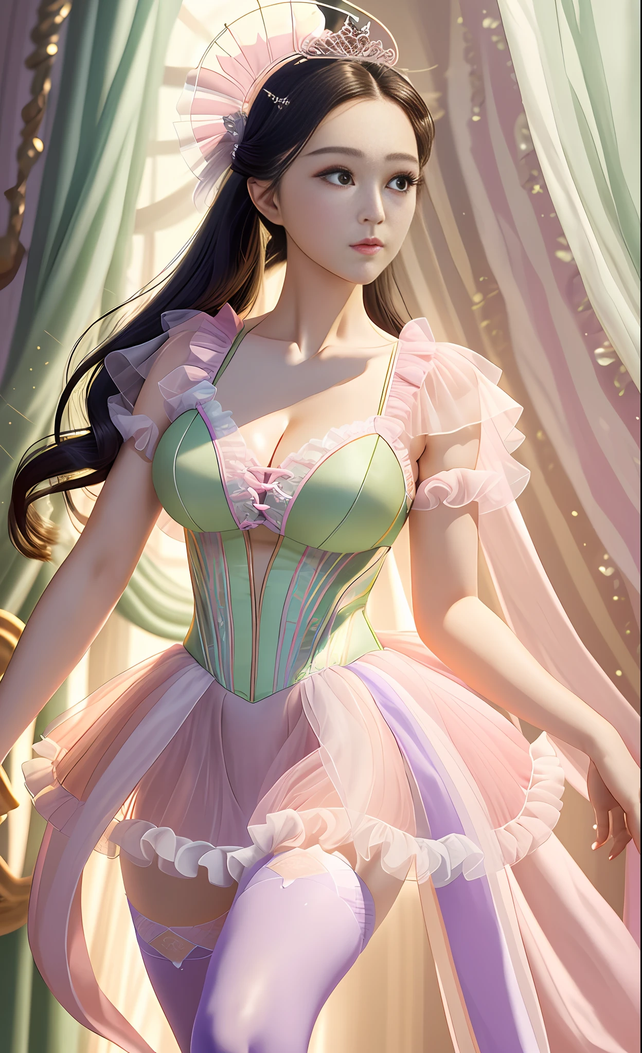 Ridiculous, high resolution, super detailed, (1 girl: 1.3),
High fork swimsuit, pink white tulet pantyhose, green tutu, looming feet, bright classroom, slim, pretty dream girl, looming bright purple white thigh socks, silky texture, lace stocking edge, real photo, detailed eyes, pretty eyes, blush, full body perspective, detailed face, big boobs, real photos, realistic human body, realistic skin texture, cleavage: 1.4, perfect light, perfect thighs, perfect calves, detailed face