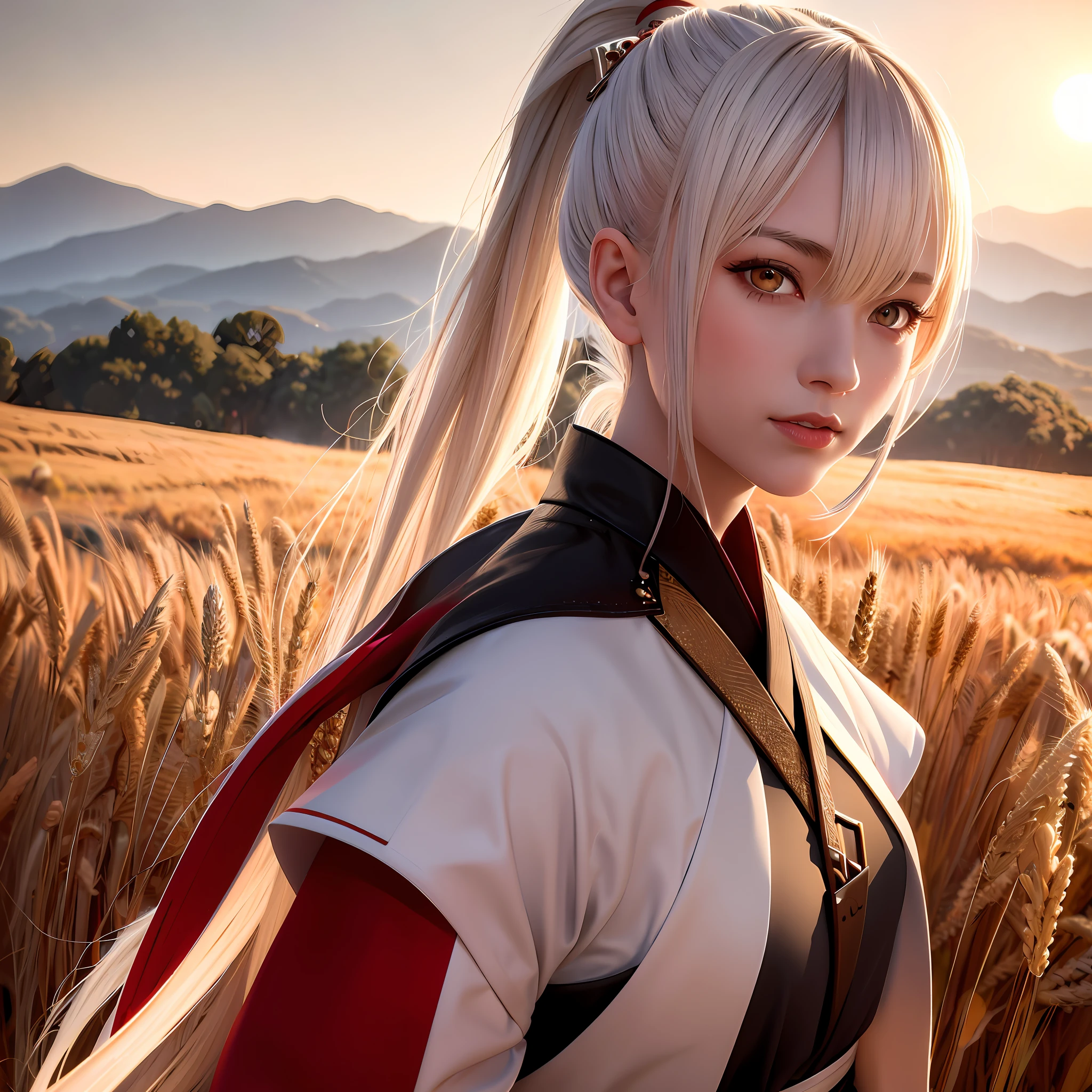 masterpiece, best quality, 1girl, portrait, white hair, ponytail, red eyes, samurai, wheat landscape, sun, clouds, (neutral colors), (hdr:1.4)