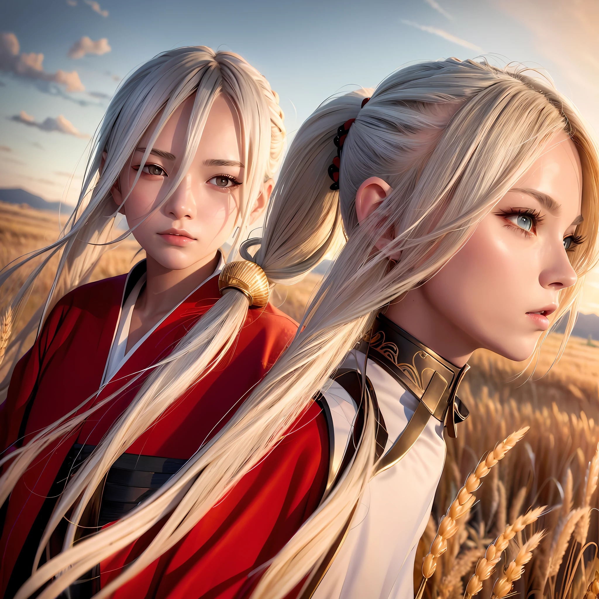 masterpiece, best quality, 1girl, portrait, white hair, ponytail, red eyes, samurai, wheat landscape, sun, clouds, (neutral colors), (hdr:1.4)