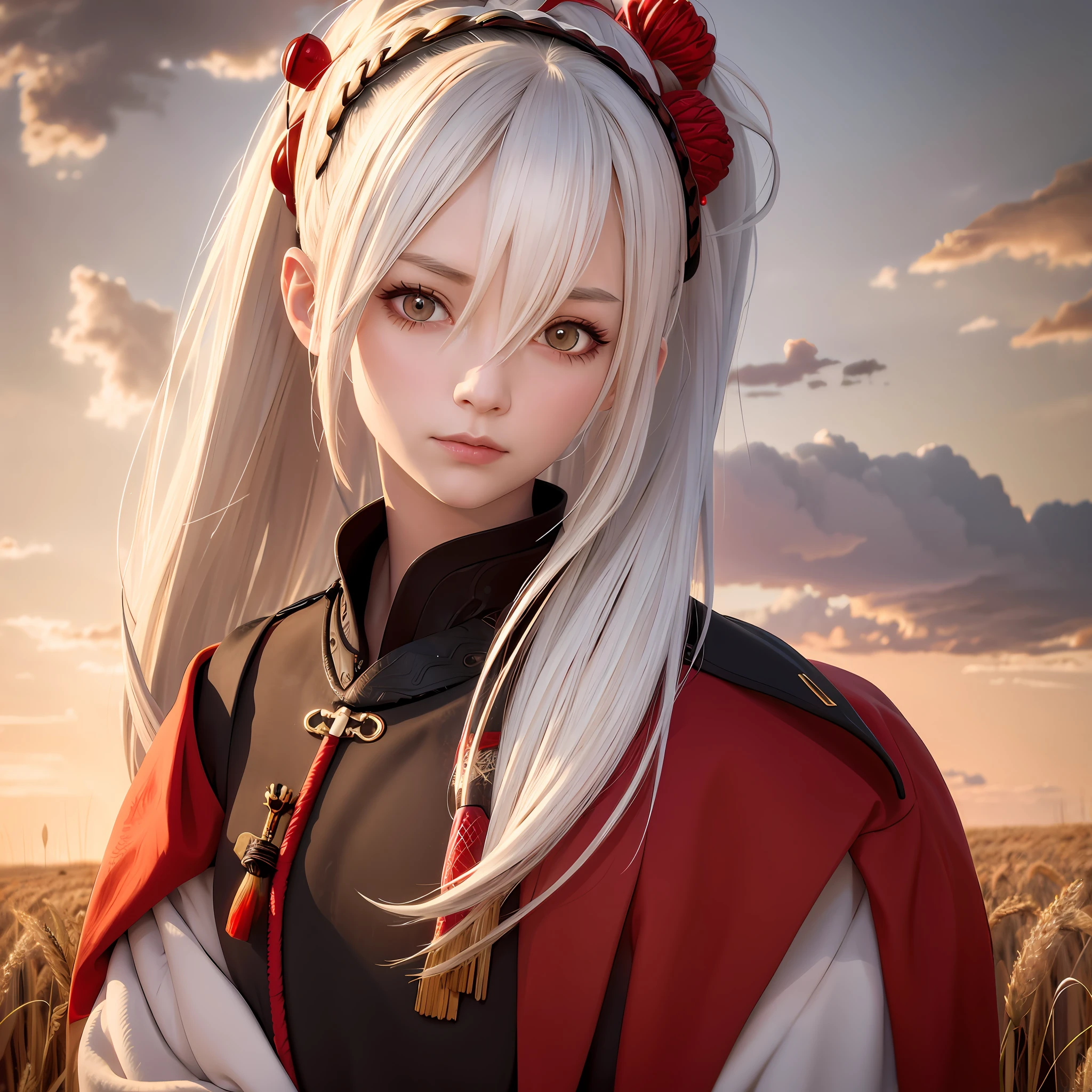 masterpiece, best quality, 1girl, portrait, white hair, ponytail, red eyes, samurai, wheat landscape, sun, clouds, (neutral colors), (hdr:1.4)