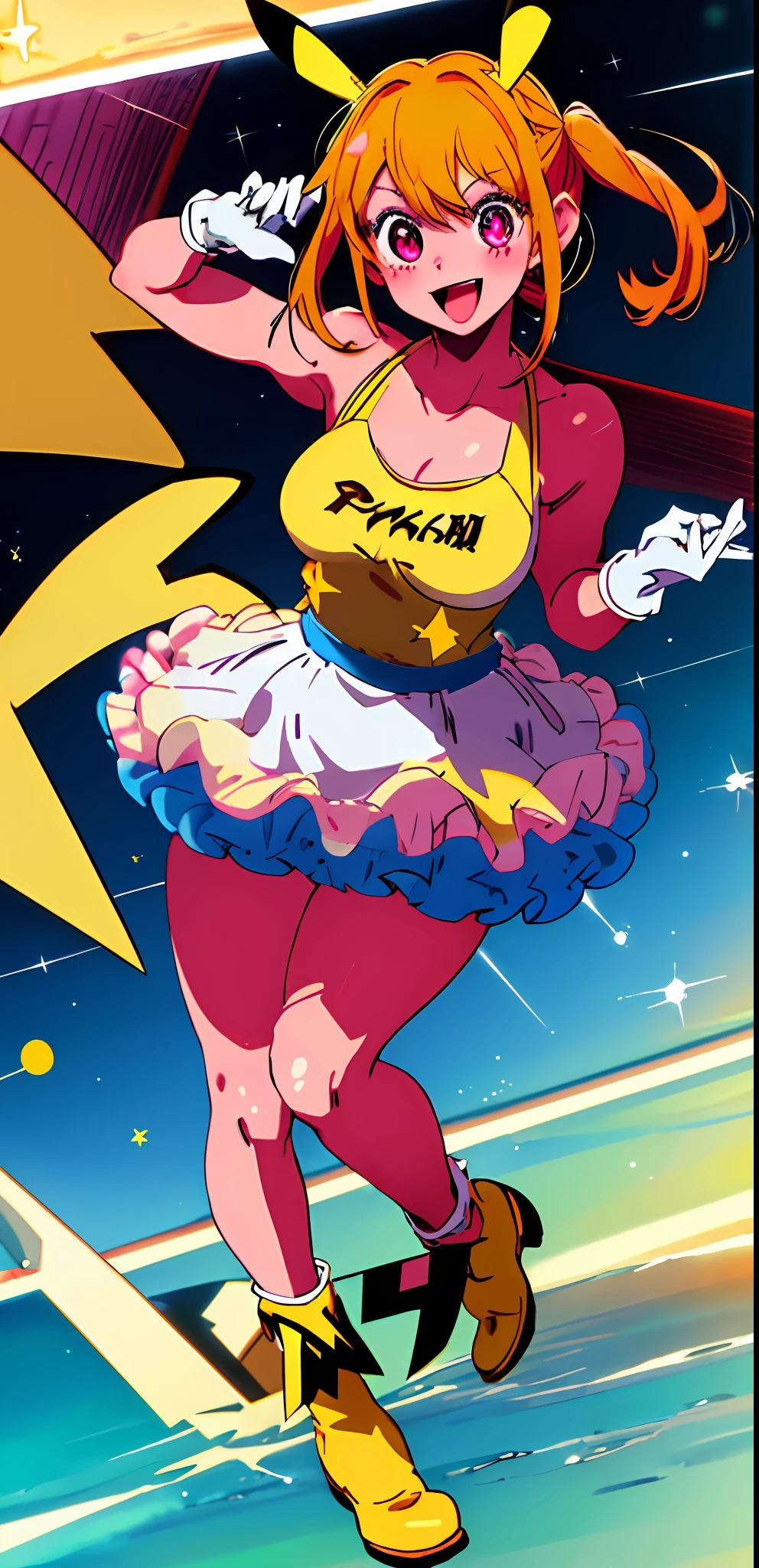 1girl masterpiece, best quality, solo, (pikachu (cosplay):1.2), pikachu (cosplay):1.2, pikachu earsbrown boots, :d, Ruby hoshino , medium breast, white gloves, jumping, star-shaped pupils in left eye, long hair, pink eyes, blonde hair