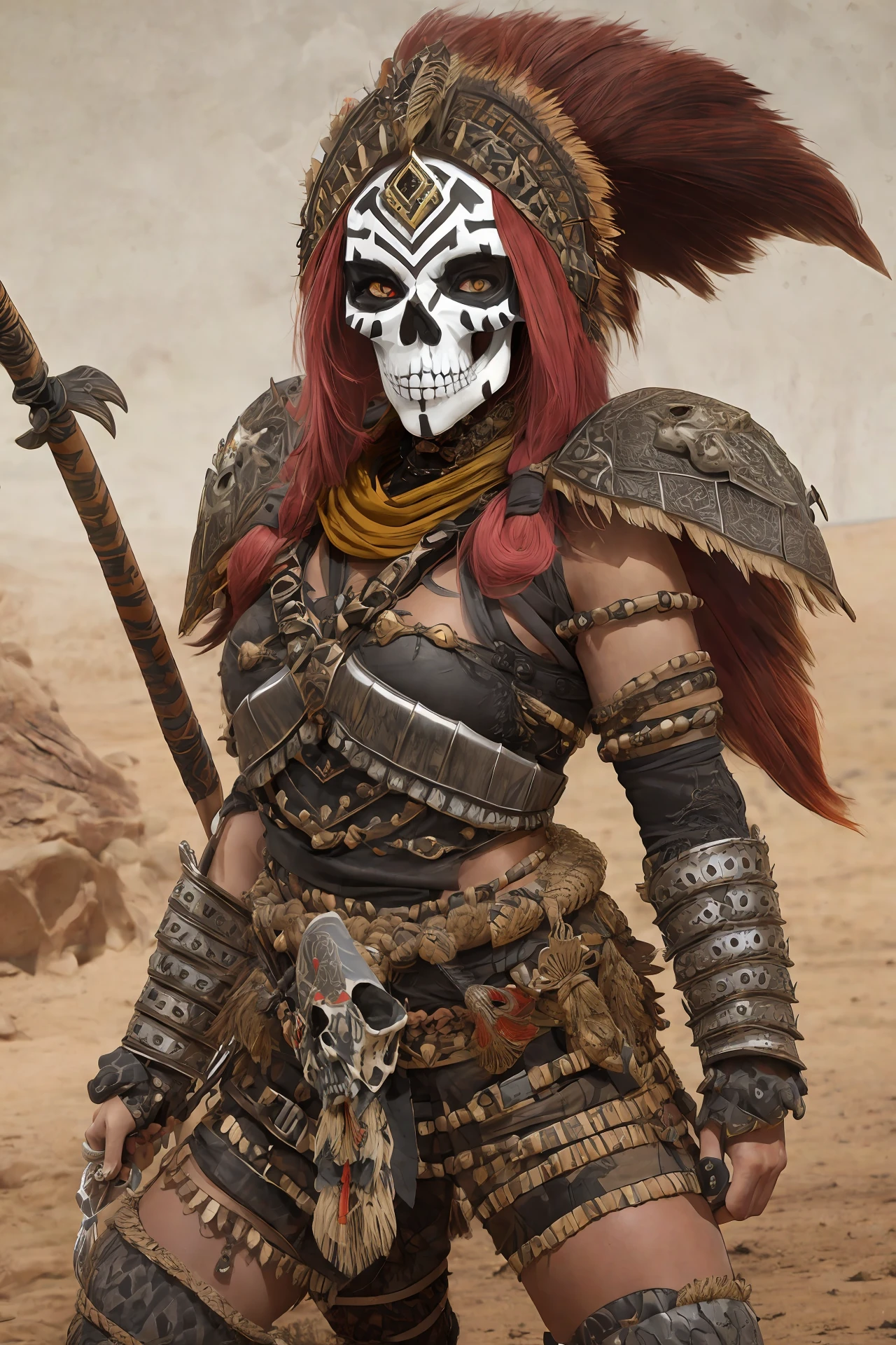 female skull warrior ready for tribal attack, anthill