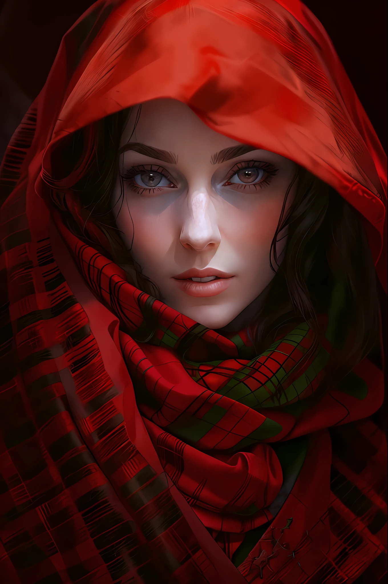 a close up of a woman wearing a red scarf and a red hood, beautiful portrait photo, dressed in a beautiful red cloak, red scarf, portrait shot, red cloth, face and skin is dark red, mysterious woman, devotion to the scarlet woman, closeup portrait shot, flowing blood red colored silk, karol bak uhd, red silk flowing fabric