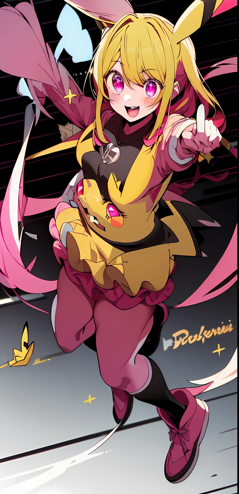 1girl masterpiece, best quality, solo, (pikachu (cosplay):1.2), pikachu (cosplay):1.2, pikachu earsbrown boots, :d, Ruby hoshino , medium breast, white gloves, jumping, star-shaped pupils in left eye, long hair, pink eyes, blonde hair