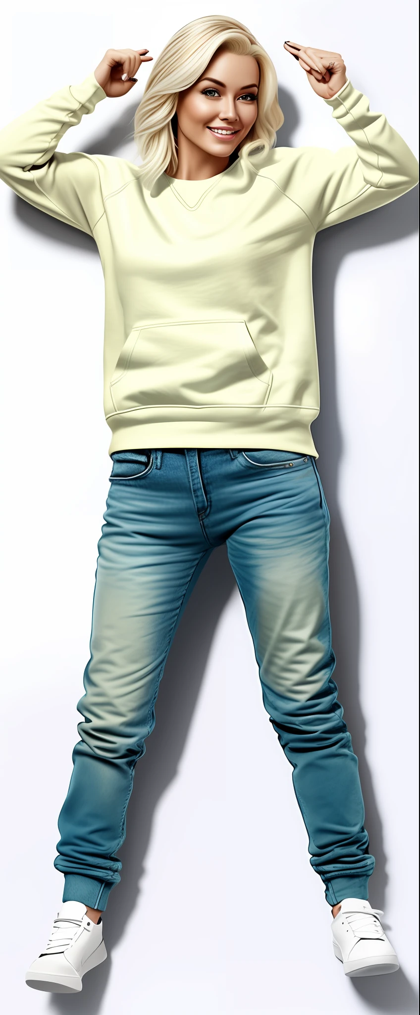 a blonde woman, image in realistic style, highly detailed, wearing sweatshirts, elegant