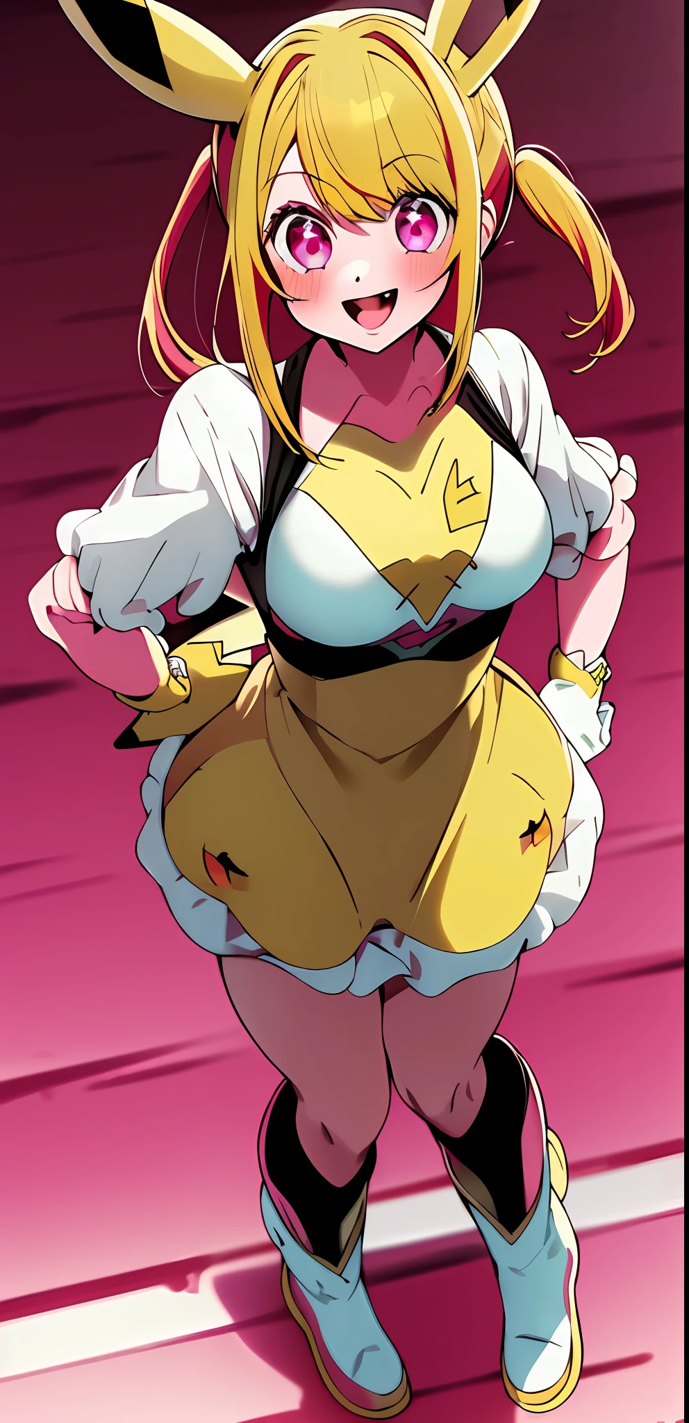 1girl masterpiece, best quality, solo, (pikachu (cosplay):1.2), pikachu (cosplay):1.2, pikachu earsbrown boots, :d, Ruby hoshino , medium breast, white gloves, jumping, star-shaped pupils in left eye, long hair, pink eyes, blonde hair