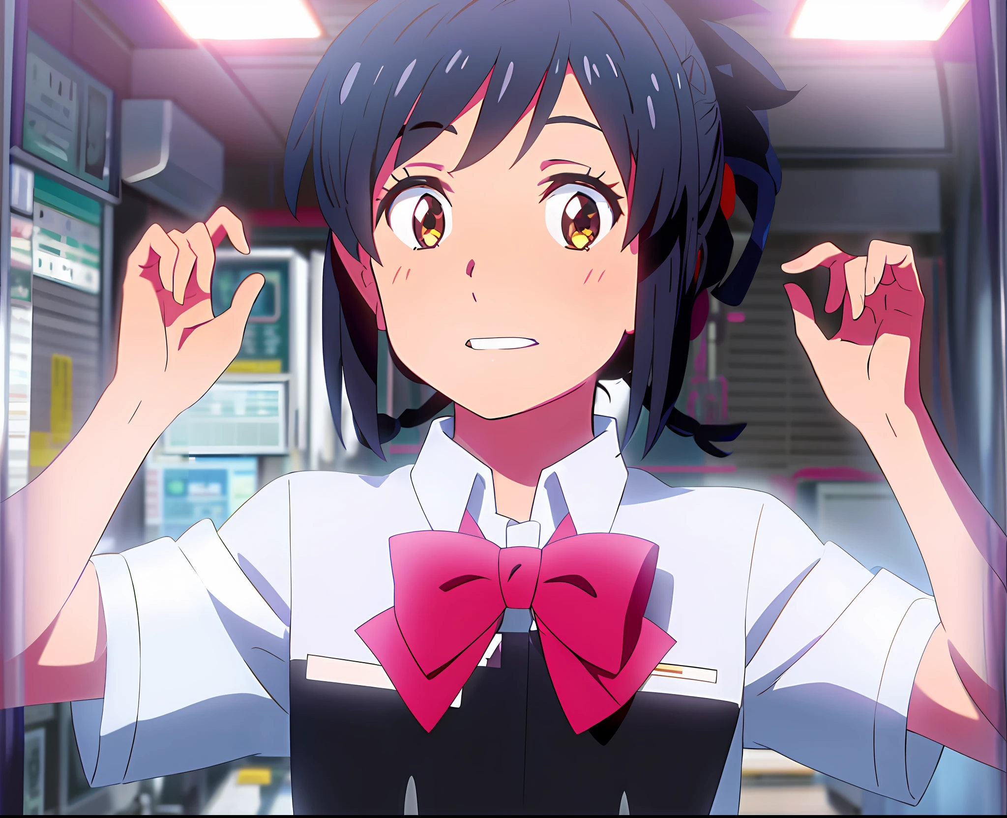 Anime girl with black hair and bow tie in a room, her name movie style, Anime Your Name, in anime movie, kimi no na wa, high quality anime movie still, Makoto Shinkai style, anime movie screenshot, with index finger, anime movie still, anime still, rin, anime still shishishi anime movie, Screenshot of the anime movie.