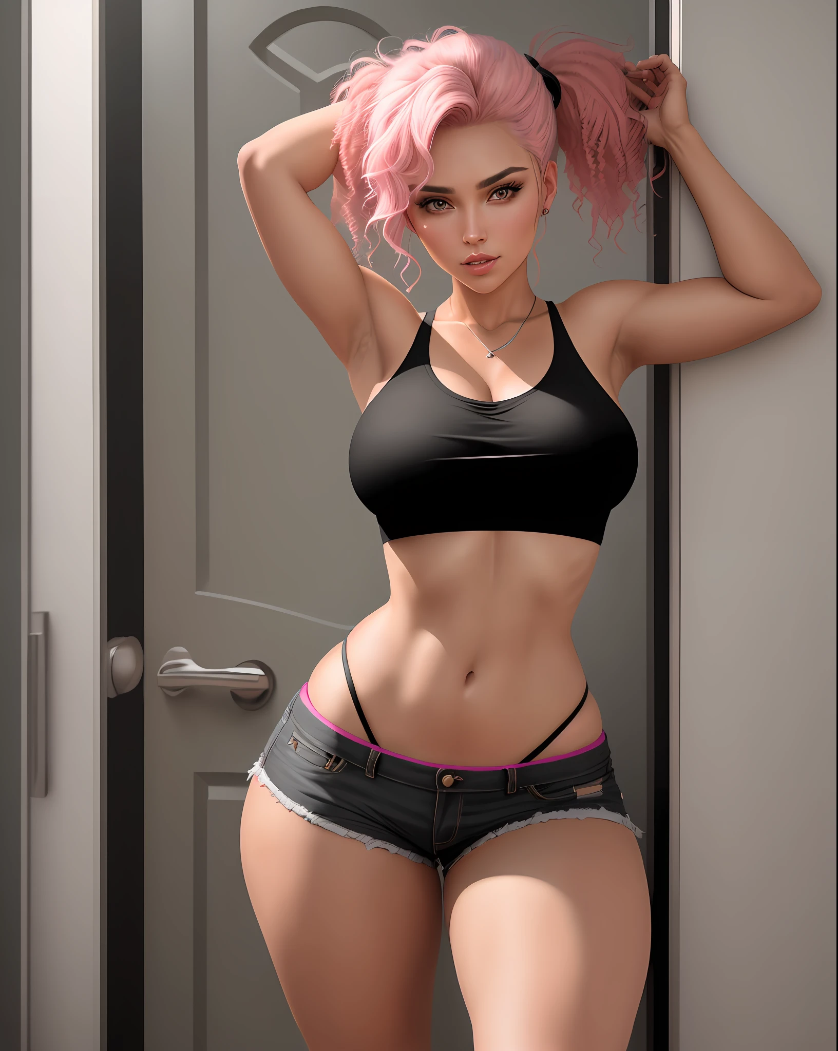there is a woman who stands in front of a door, wearing a pink sexy cropped top, medium breasts, her hair is black and the top is pink, half body cropping, her belly button is exposed, bralette, midriff exposed, croptop, she has black eyes and is staring at the camera, posing, wears a very short shorts of black color, She has thick legs, she has one arm behind her body and the other behind her head in a bold pose, her mouth is pink and her hair is blonde with locks and is messy at shoulder height. Realistic ultra HD 4k resolution photography, a masterpiece, she has a beautiful face very well detailed, photography rich in detail and sharpness.