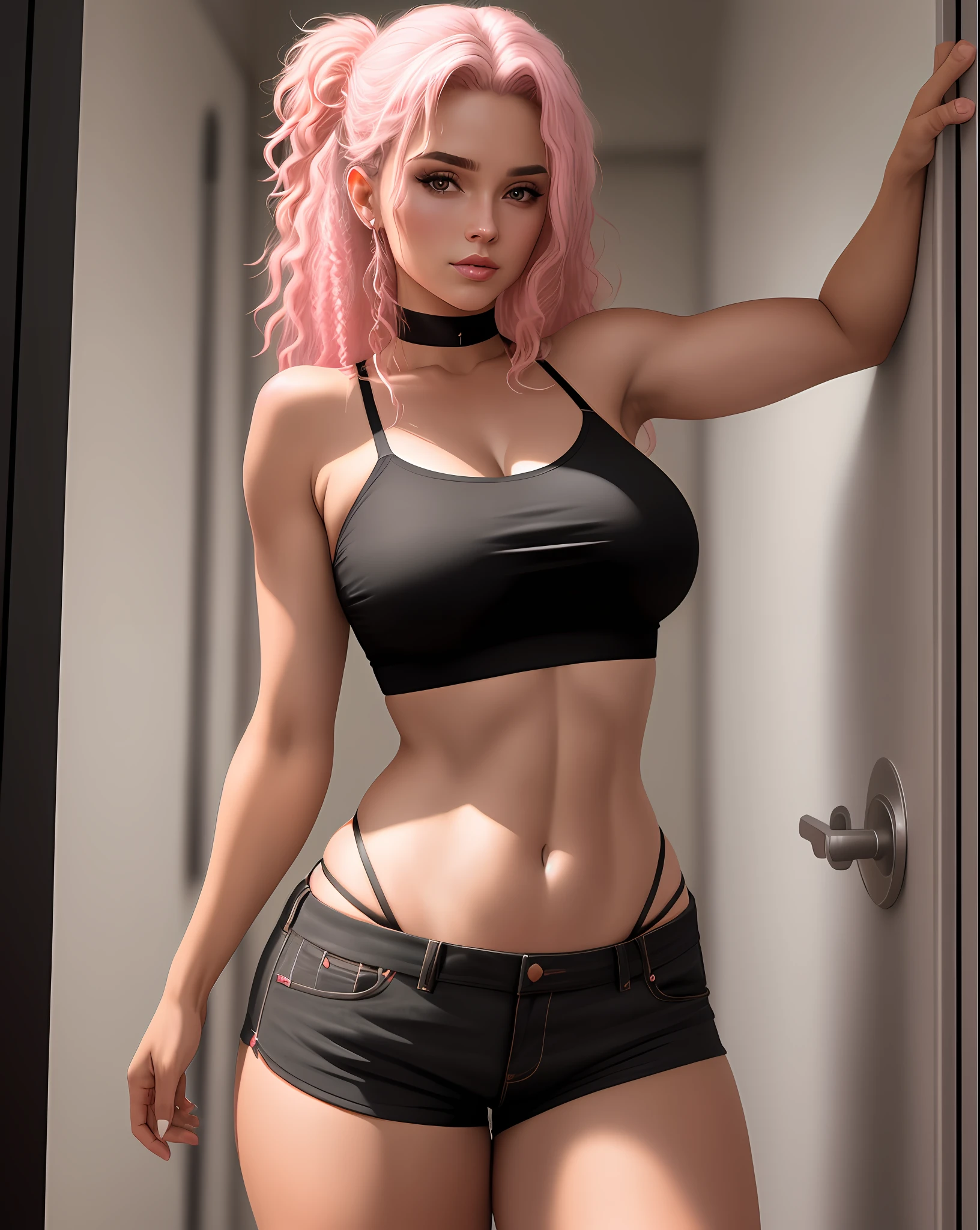 there is a woman who stands in front of a door, wearing a pink sexy cropped top, medium breasts, her hair is black and the top is pink, half body cropping, her belly button is exposed, bralette, midriff exposed, croptop, she has black eyes and is staring at the camera, posing, wears a very short shorts of black color,  She has thick legs, she has one arm behind her body and the other behind her head in a bold pose, her mouth is pink and her hair is blonde with locks and is messy at shoulder height. Realistic ultra HD 4k resolution photography, a masterpiece, she has a beautiful face very well detailed, photography rich in detail and sharpness.