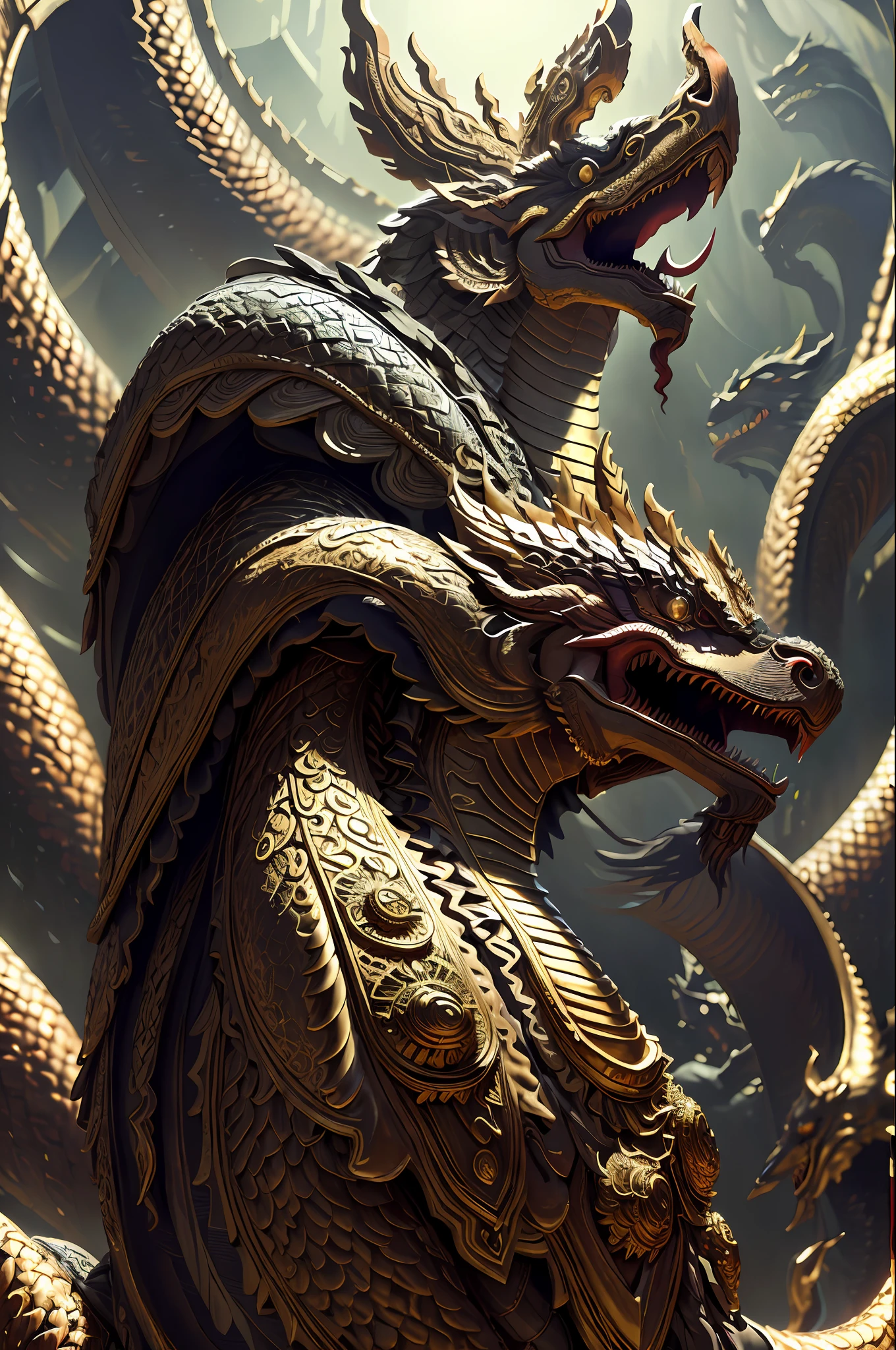 ((raw photo)), ((masterpiece)), anthropomorphic humanoid NagaSerpentGod wearing cloak, long sleeves, golden crest, intricate detail, futobot, intricate Greebles parts, dramatic lighting, rim lighting,