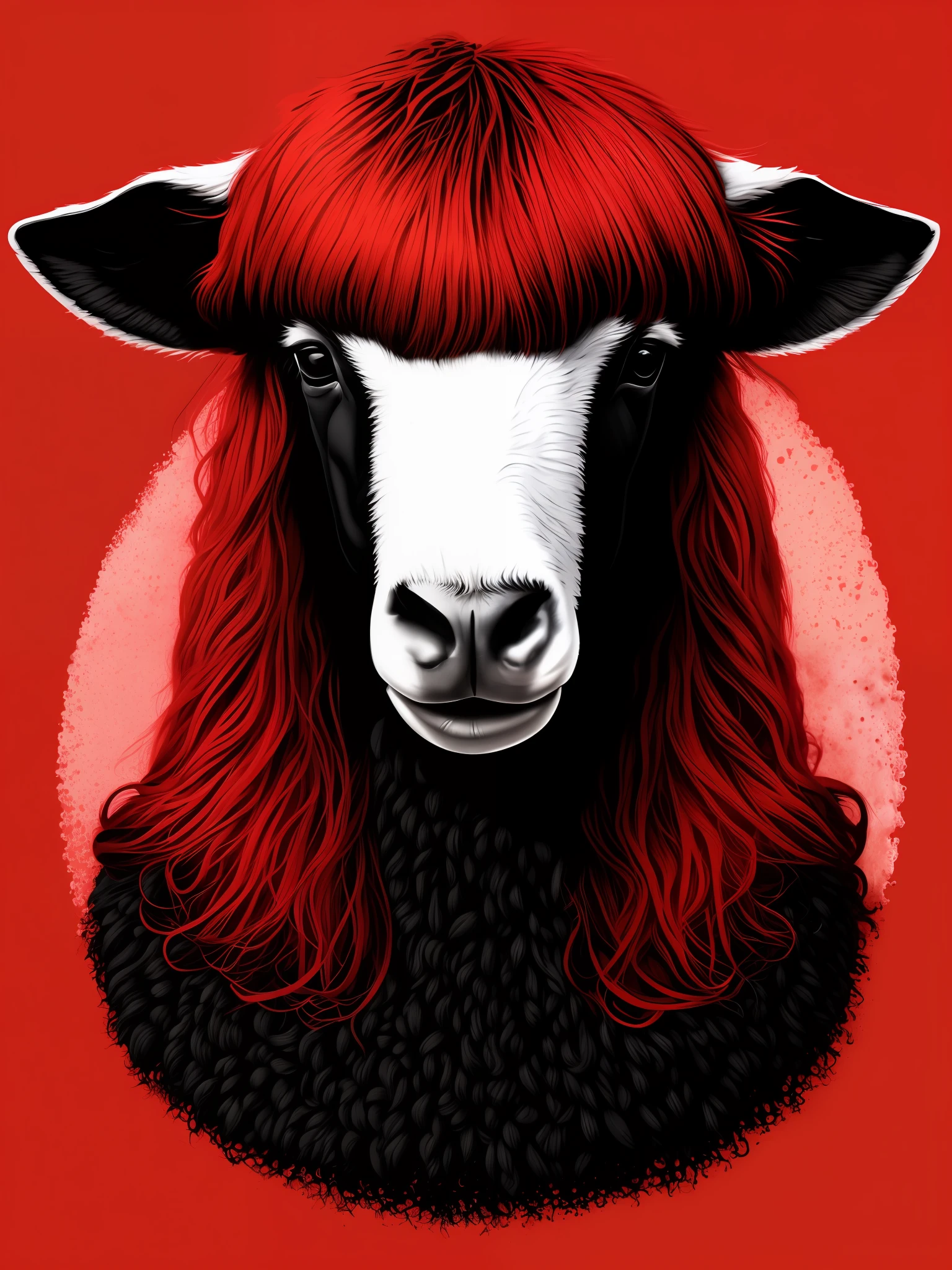 a black sheep t-shirt Vector ilustration, red straight Chanel hair with bangs,  (masterpiece), (best illustration),  solo, extreme light and shadow, masterpiece, rich in detail, (fine features), (highest quality), (masterpiece), (detailed eyes), (beautiful) detailed, (close up), (extremely detailed digital art wallpaper),(masterpiece), (best quality), (ultra-detailed), (best illustration),(best shadow),perfect lighting , vivid colors