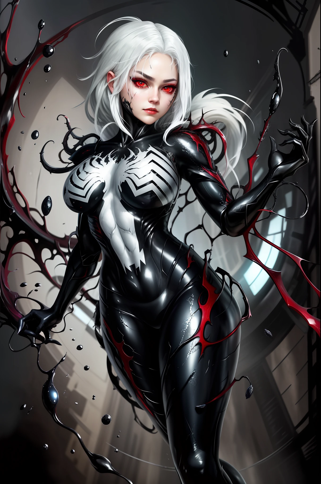 masterpiece, best quality, CG, wallpaper, HDR, high quality, high-definition, extremely detailed, symbiote, girl, white hair, red eyes