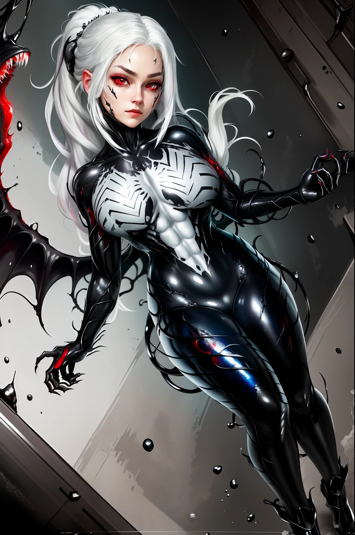 masterpiece, best quality, CG, wallpaper, HDR, high quality, high-definition, extremely detailed, symbiote, girl, white hair, red eyes