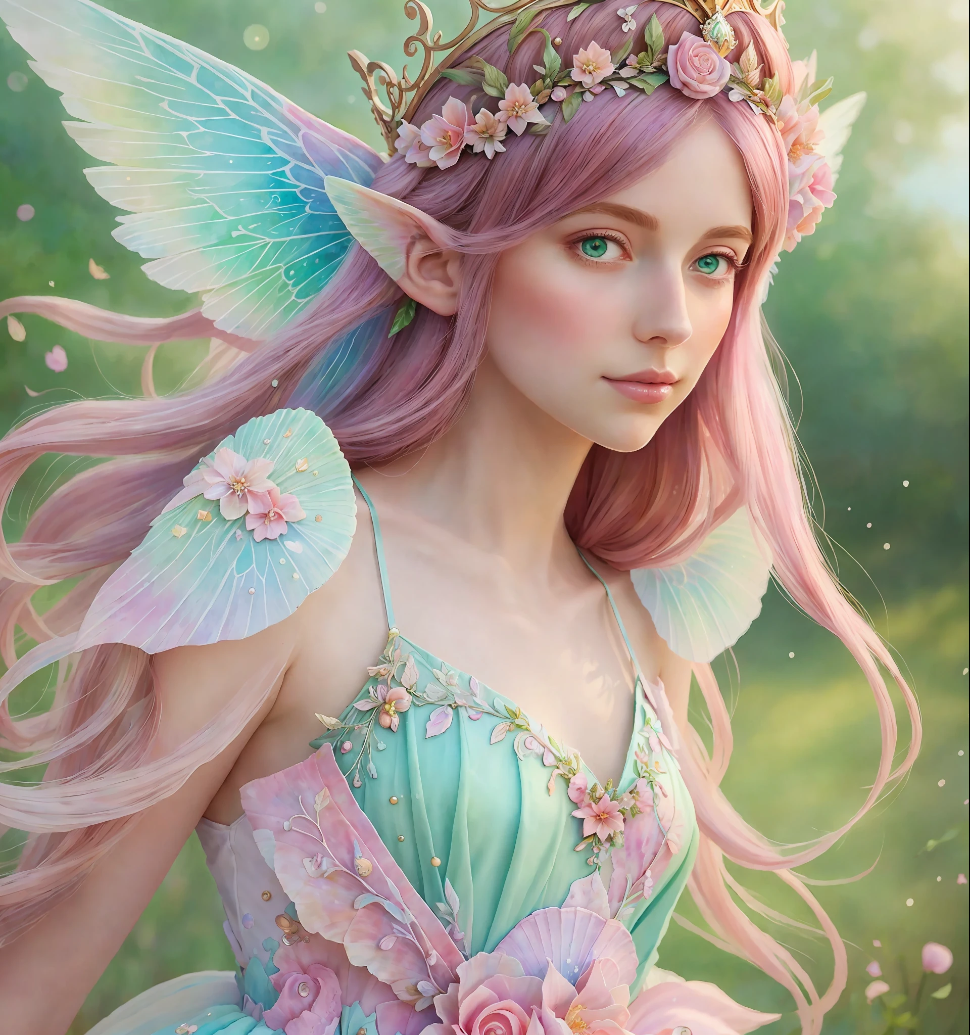 Princess girl with wing, green and pink, pastel, glitter, dramatic, dreamy, pastel, Watercolor, Whimsical, Delicate, shell crown, Trending on Artstation, Highly detailed, Intricate, Portrait, digital painting, fantasy theme, Fantasy robes, fantasy concept art, fantasy character art, Smug, Teen, perfect body, whole body, dreamer, pastel, Watercolor, Whimsical, Delicate, shell crown,  art by loish and lois van baarle, Trending on Artstation, Highly detailed, Intricate, Portrait, digital painting, fabulously beautiful elf fairy, luminous wings, cute, 8k, ((masterpiece)), (best quality), (detailed), Beautiful, large, charming eyes, Belle, goddess, nature girl, queen, Hyper realistic, HD,